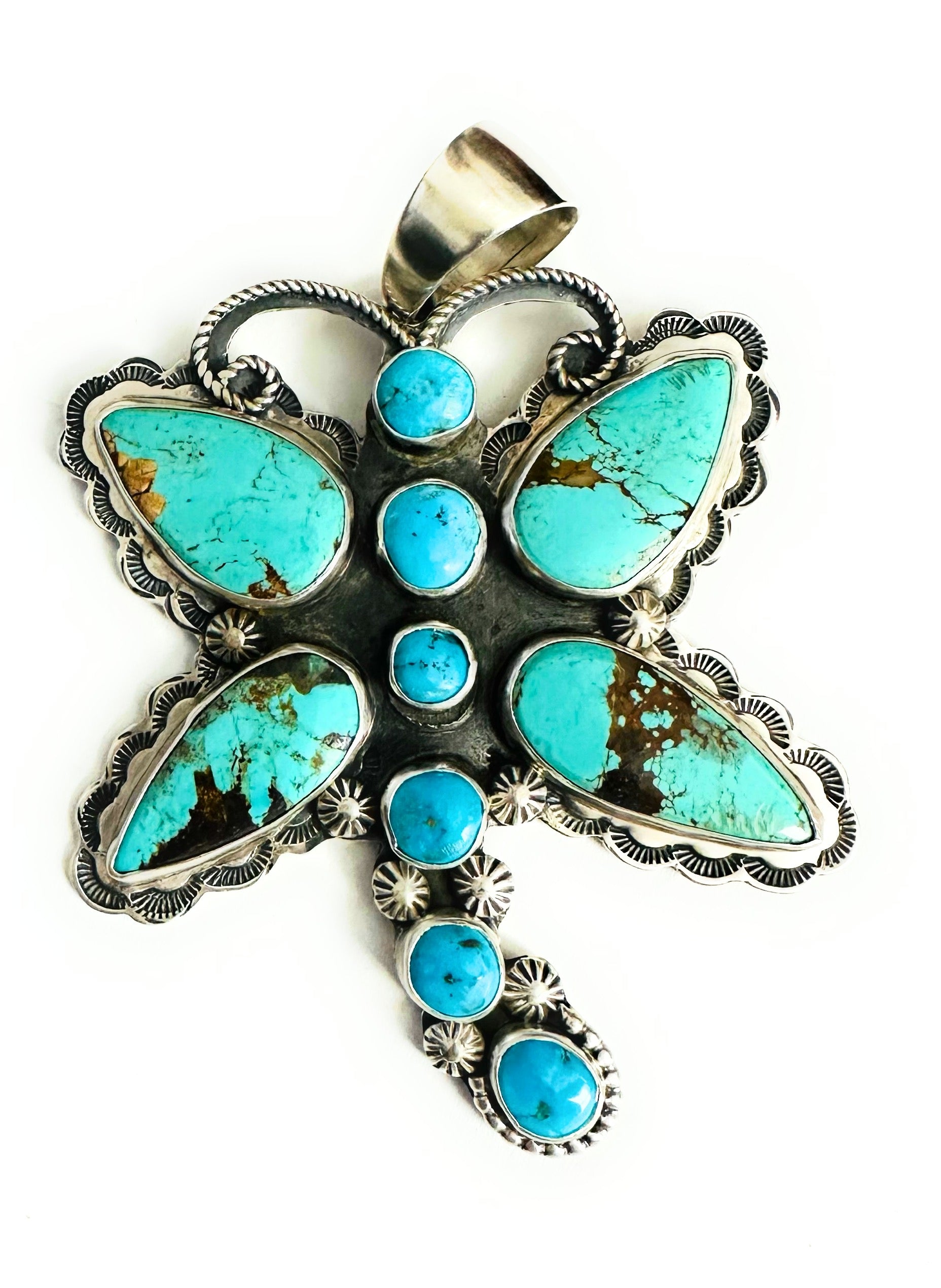 Navajo Turquoise & Sterling Silver Dragonfly Pendant By Tina Benally