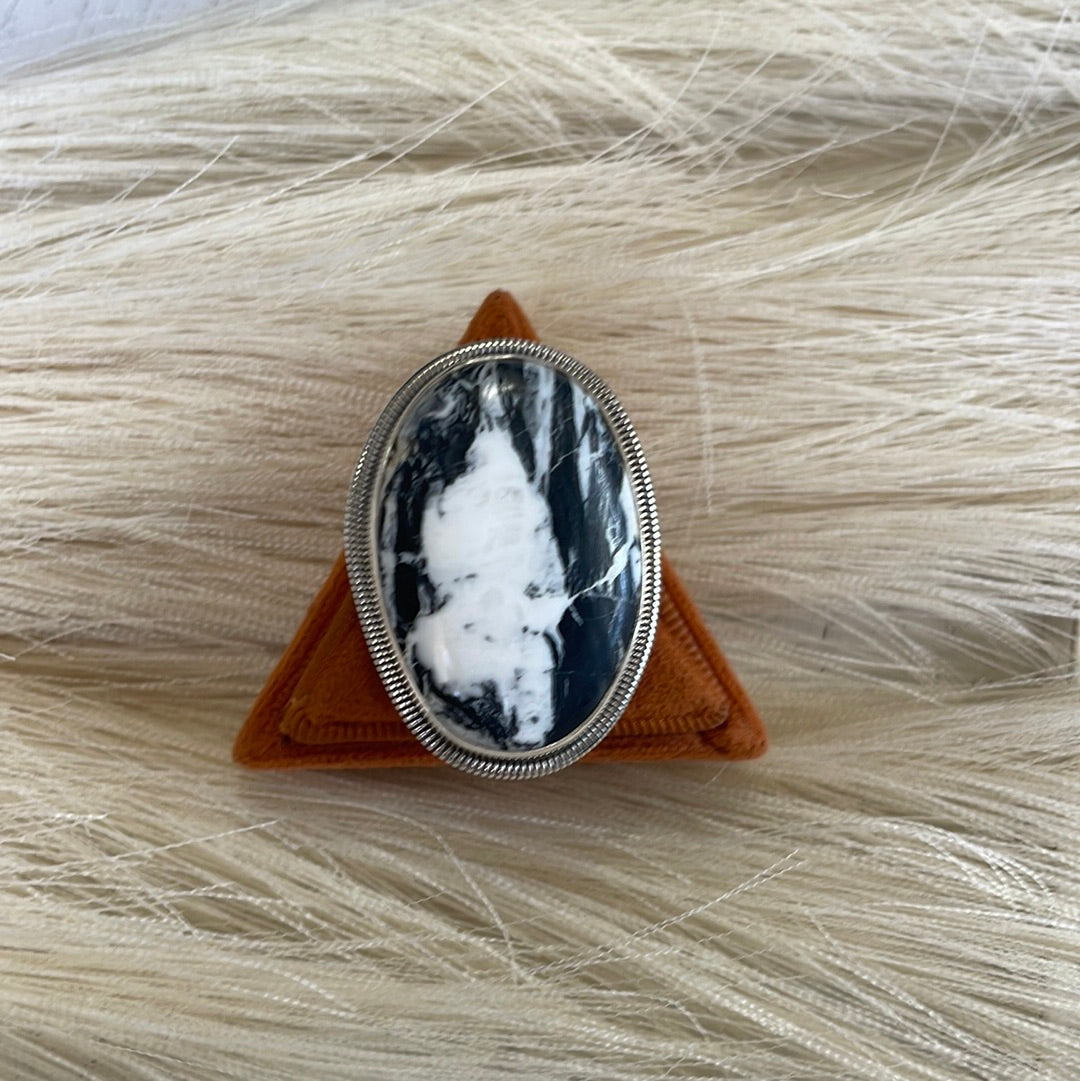 Handcrafted Sterling Silver & White Buffalo Adjustable Ring Signed