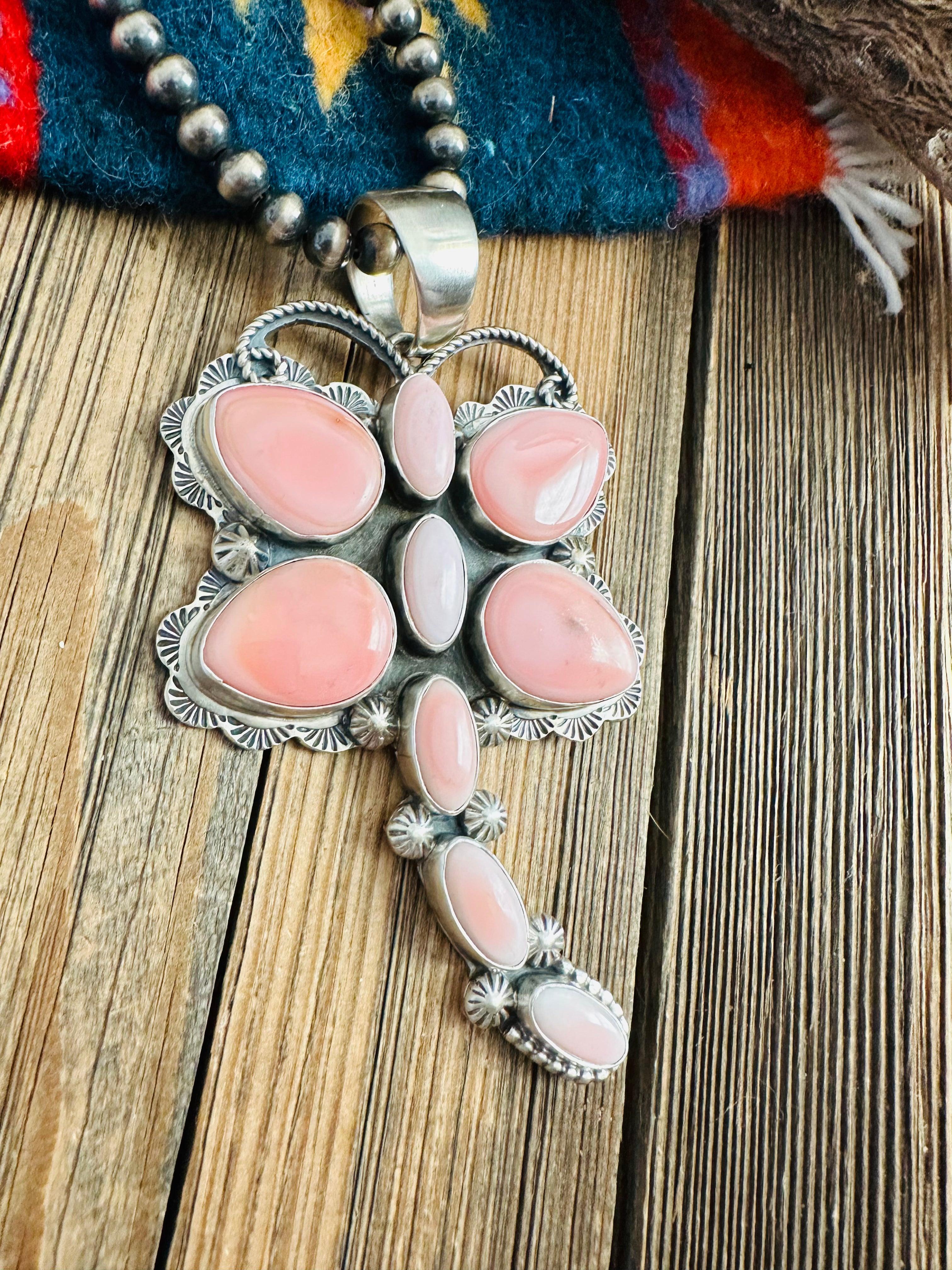 Navajo Queen Pink Conch & Sterling Silver Dragonfly Pendant By Tina Benally