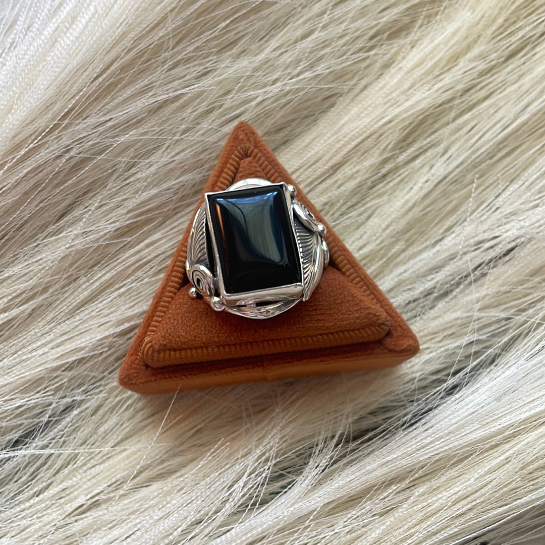 Handcrafted Sterling Silver & Black Onyx Rectangluar Ring Size 9