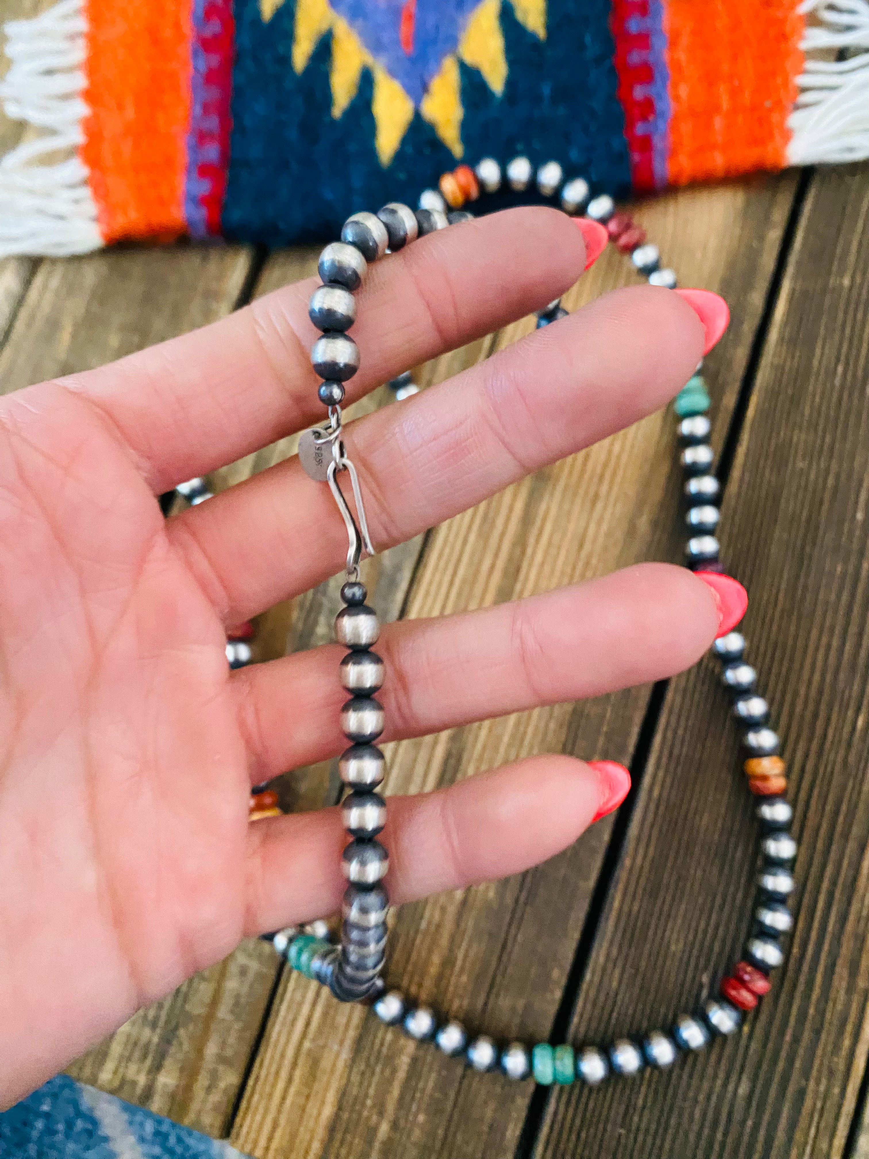 Handcrafted Multi Stone & Sterling Silver Pearl Beaded 30” Necklace