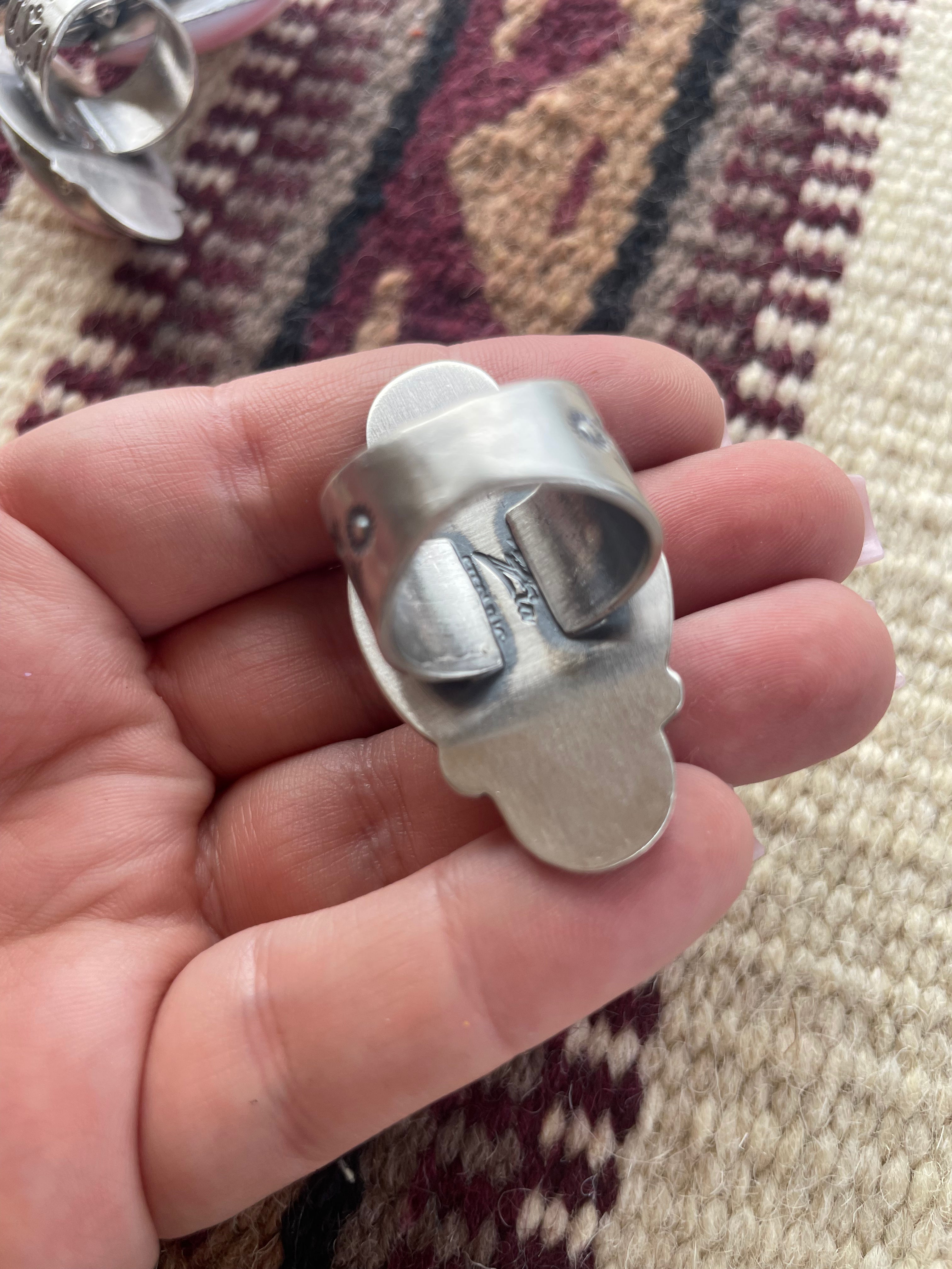 Handcrafted Sterling Silver & Pink Conch Oval Ring Signed