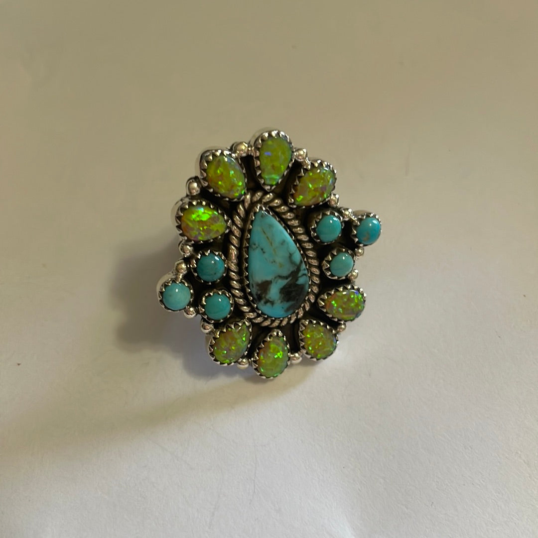 Nizhoni Handmade Fire Opal, Turquoise And Sterling Silver Adjustable Ring