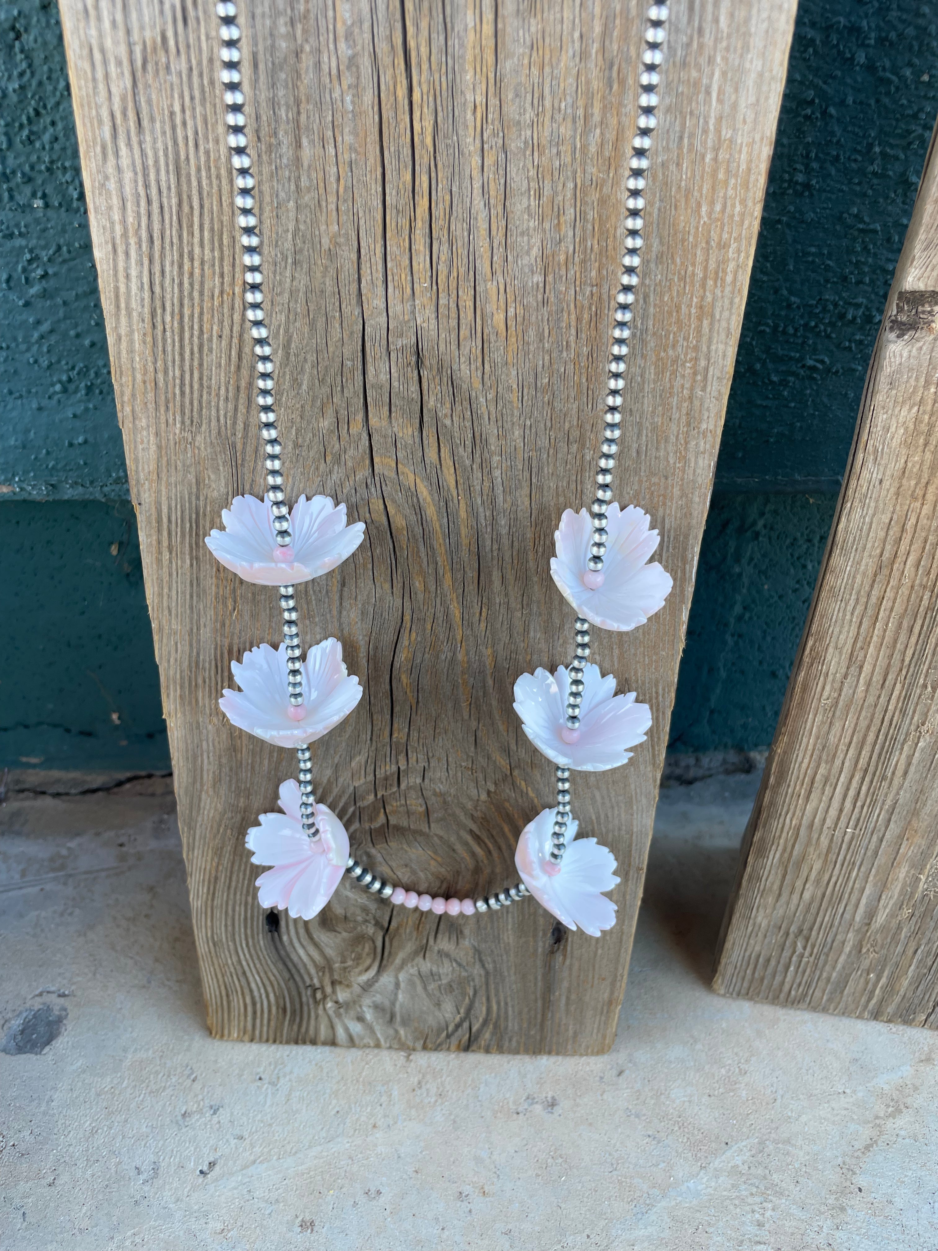 Handcrafted Pink Conch & Sterling Silver Flower Beaded Necklace 36”