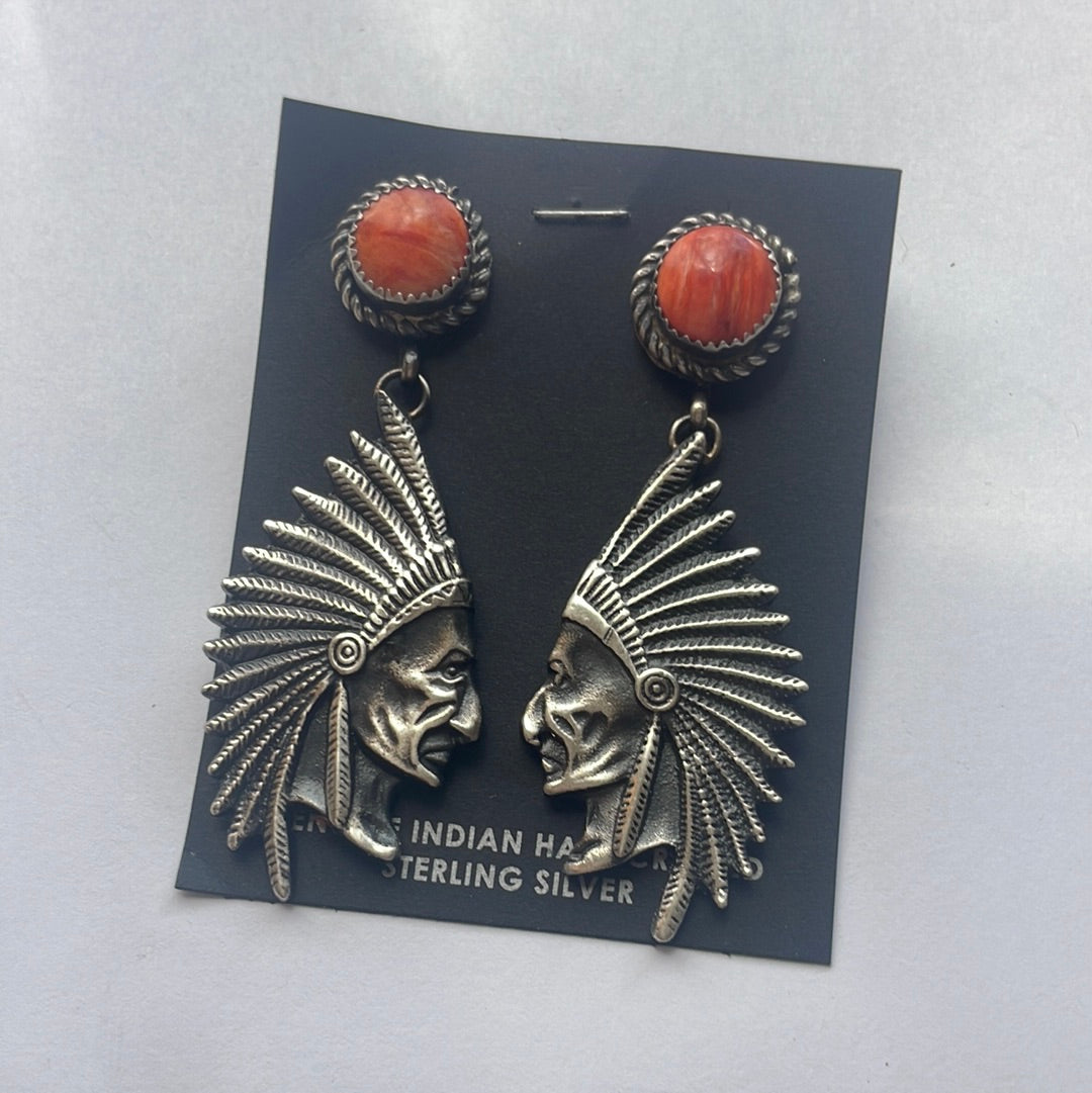 Beautiful Handcrafted Sterling Silver & Orange Spiny Dangle Chief Earrings Signed