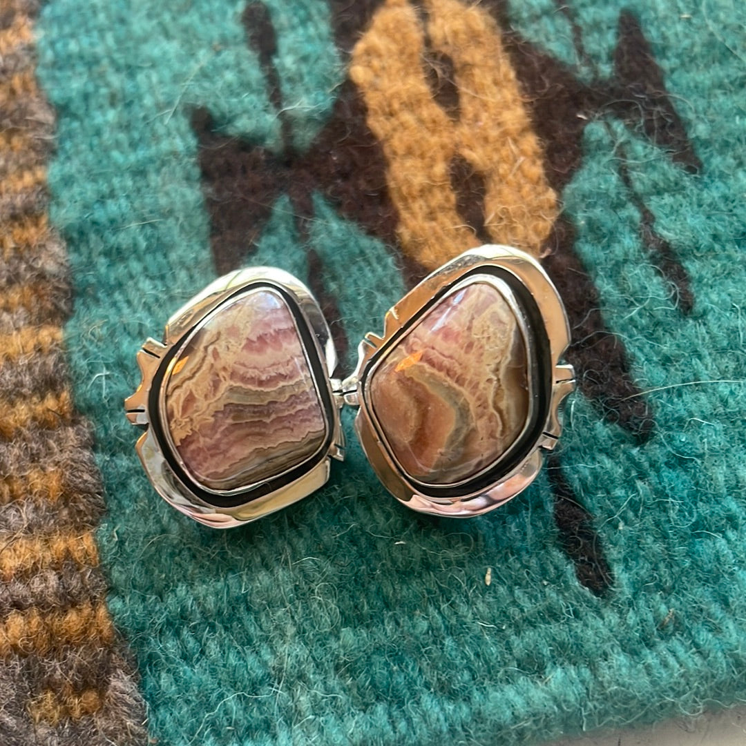 Navajo Sterling Silver & Rhodochrosite Stone Post Earrings Signed