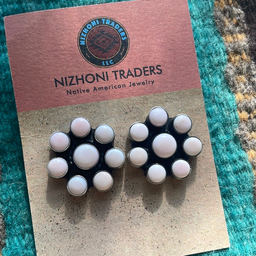 Handcrafted Pink Conch and Sterling Silver Flower Earrings Signed