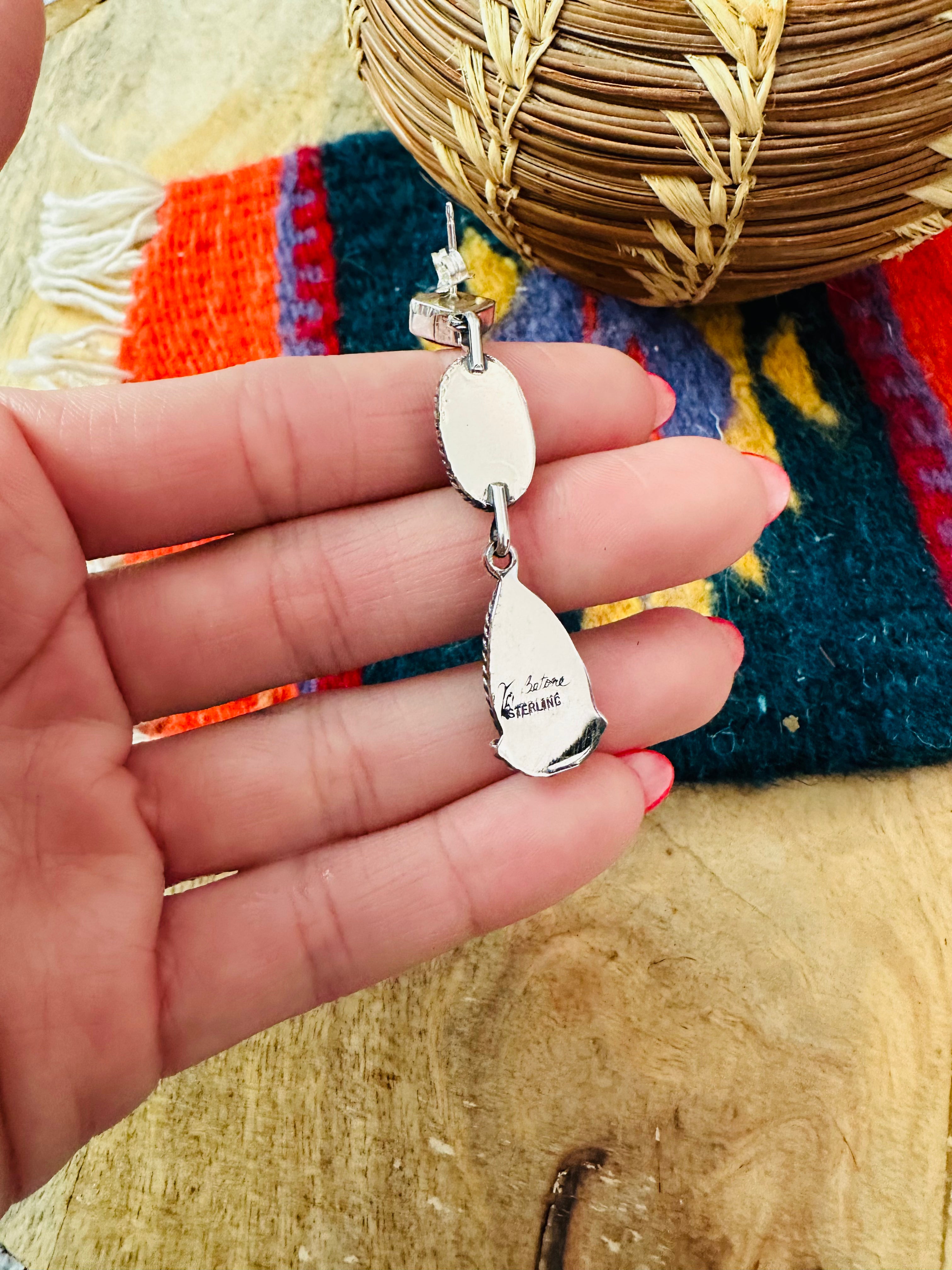 Handcrafted Turquoise, Coral & Sterling Silver Dangle Earrings