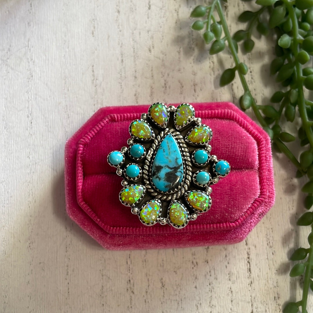 Nizhoni Handmade Fire Opal, Turquoise And Sterling Silver Adjustable Ring