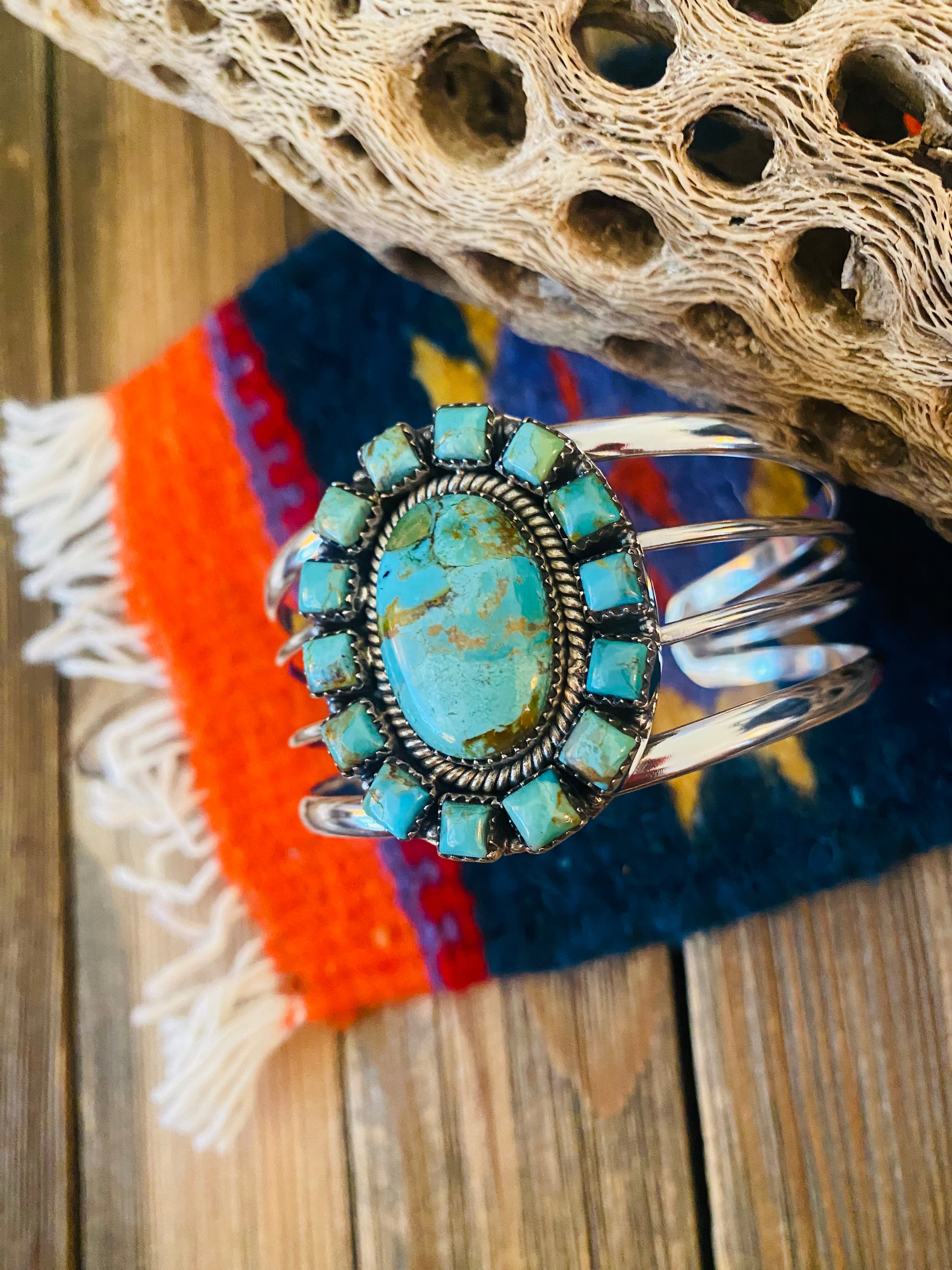 Handmade Sterling Silver & Royston Turquoise Cluster Cuff Bracelet