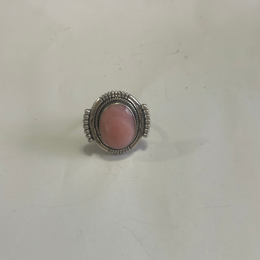 Gorgeous Navajo Pink Peruvian Opal And Sterling Silver Adjustable Ring