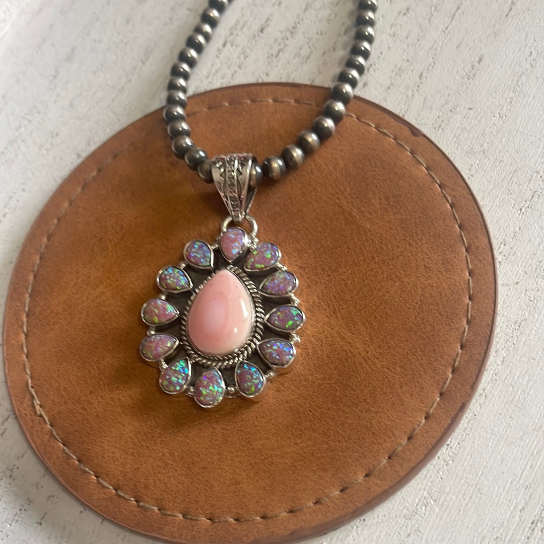 Handmade Pink Conch, Purple Fire Opal & Sterling Silver Flower Pendant
