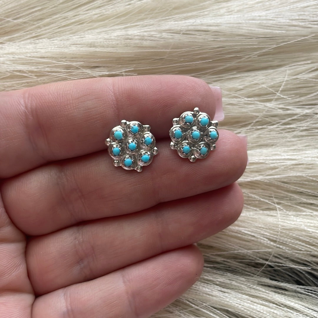 Handcrafted Sterling Silver & Turquoise 7 Stone Cluster Stud Earrings