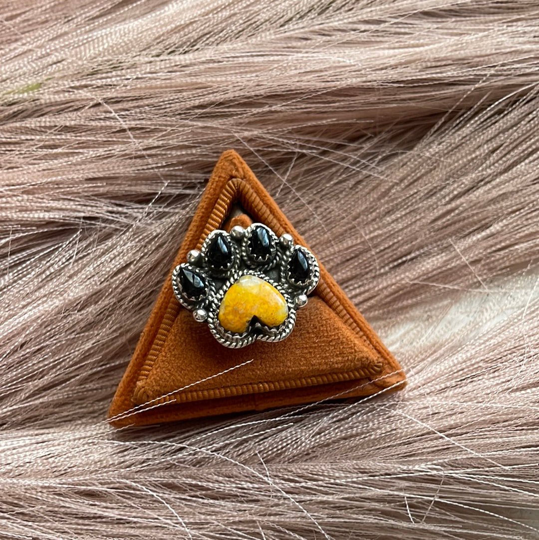 Handmade Bear Paw Black Onyx, Bumble Bee & Sterling Silver Adjustable Ring