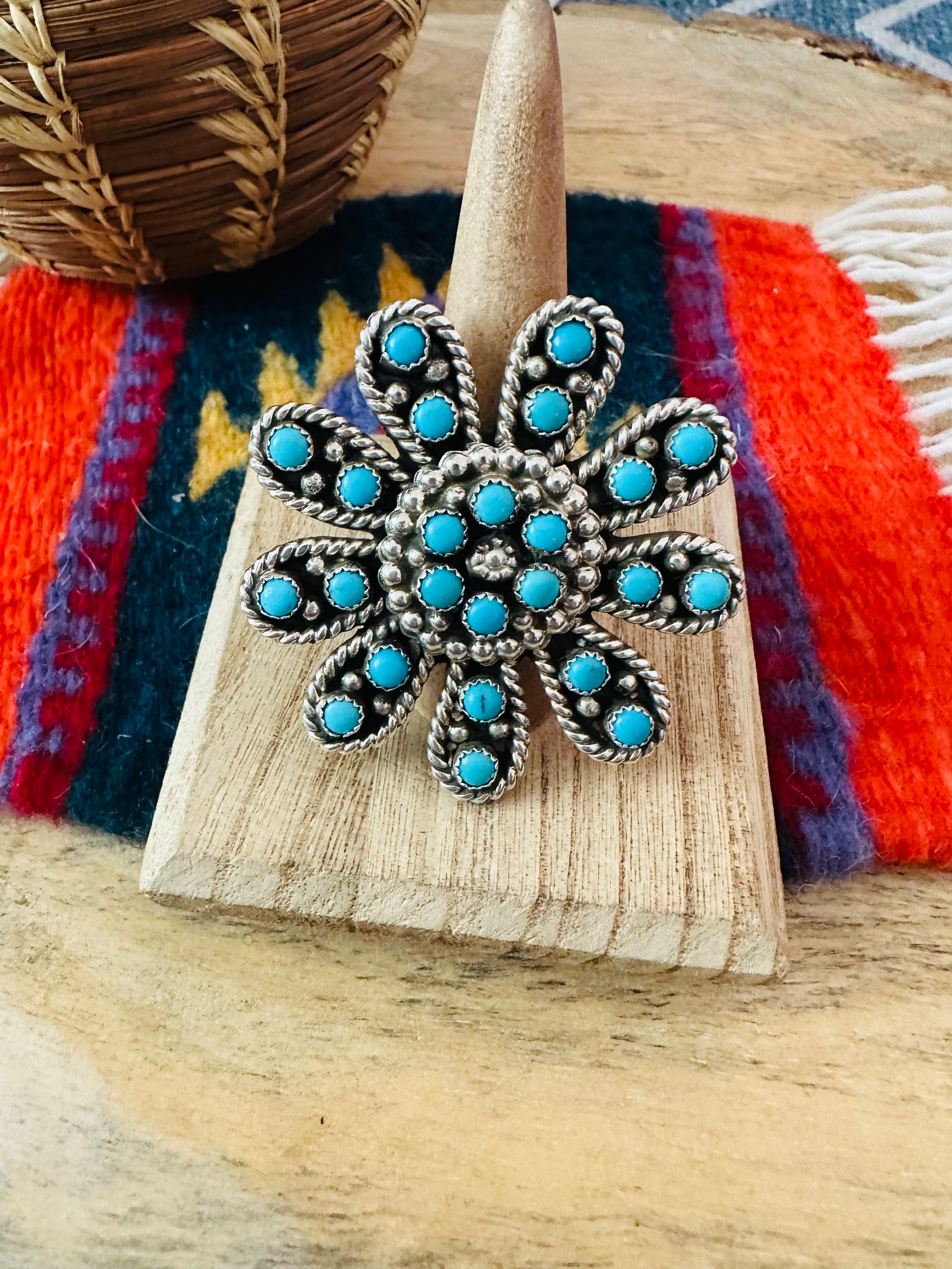 Handcrafted Turquoise & Sterling Silver Flower Adjustable Ring