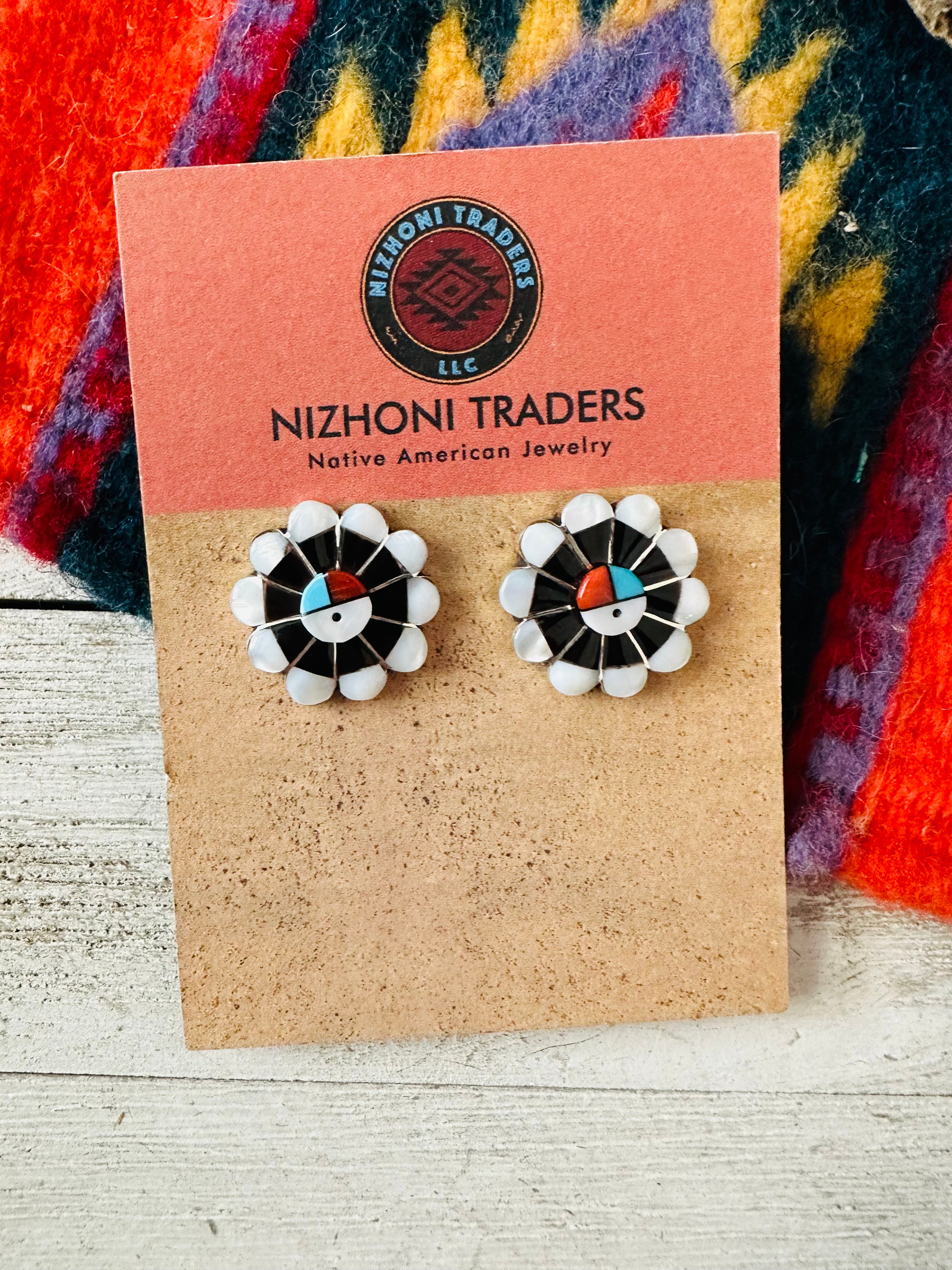 Handcrafted Sun Face Multi Stone & Sterling Silver Inlay Stud Earrings