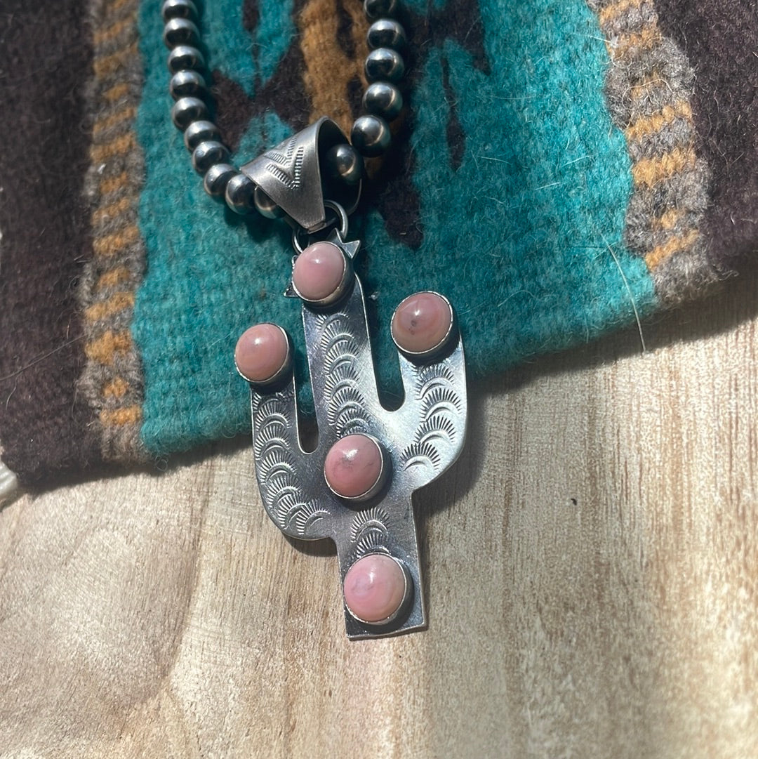 Handcrafted Sterling Silver Pink Conch Saguaro Cactus Pendant Signed