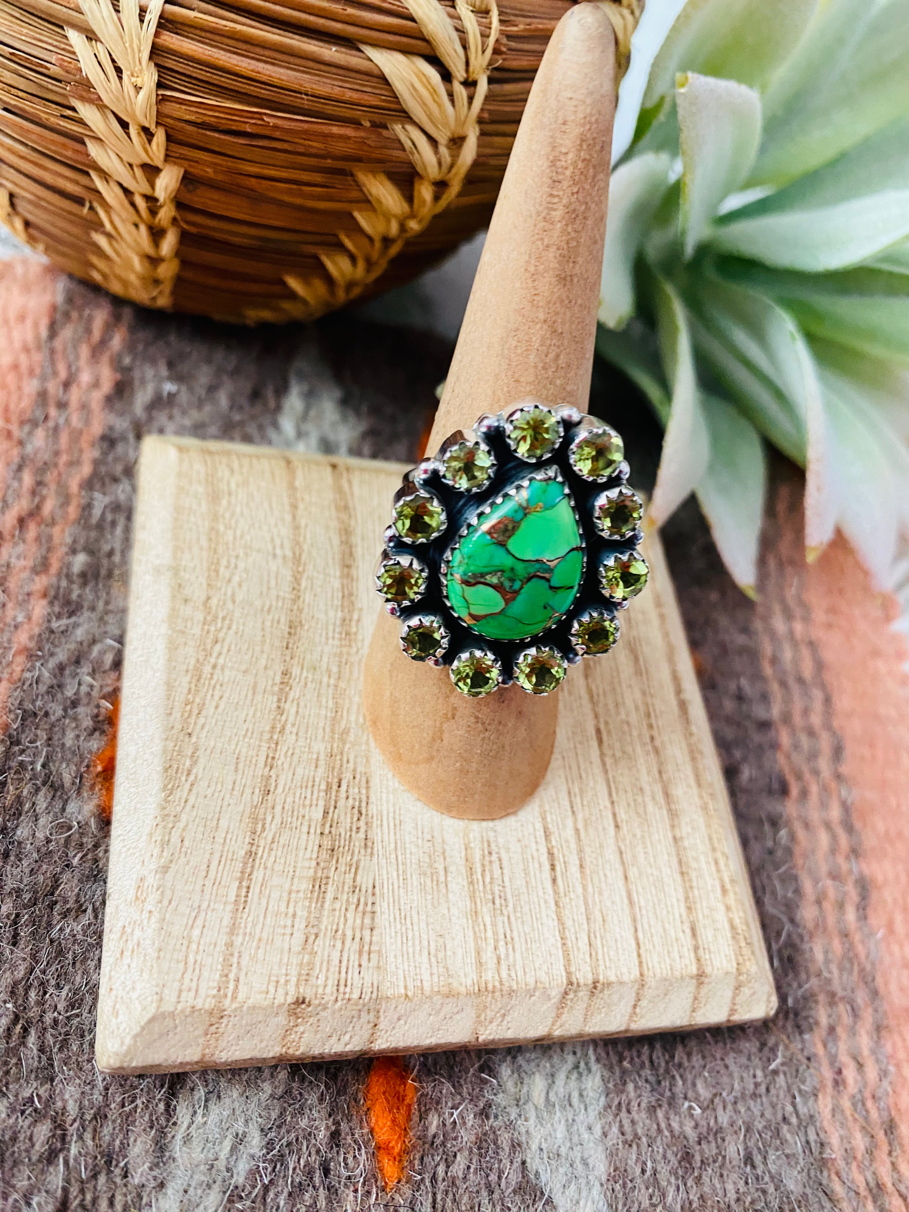 Handmade Sterling Silver, Green Mohave & Peridot Cluster Adjustable Ring