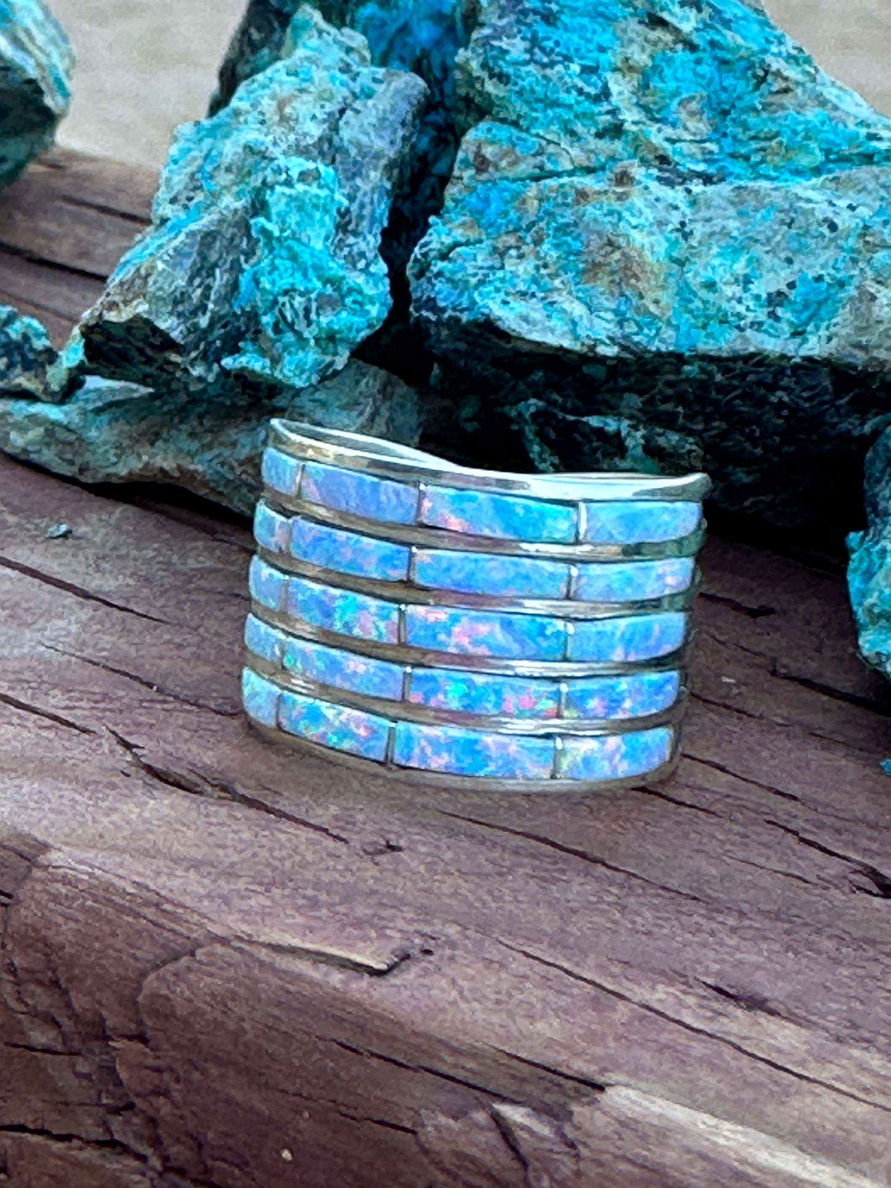 Handcrafted Sterling Silver & White Opal Inlayed Wide Stacker Ring