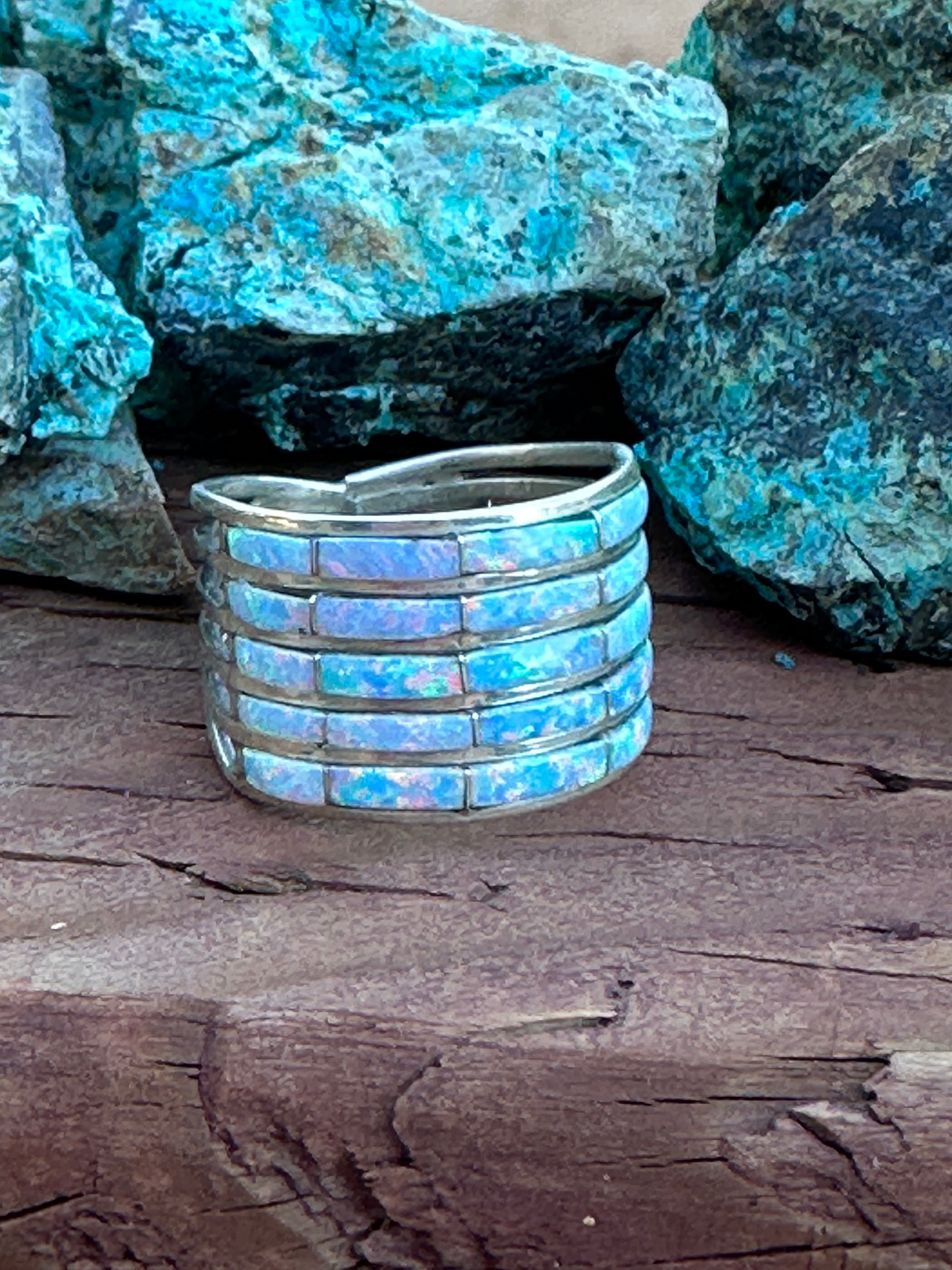 Handcrafted Sterling Silver & White Opal Inlayed Wide Stacker Ring