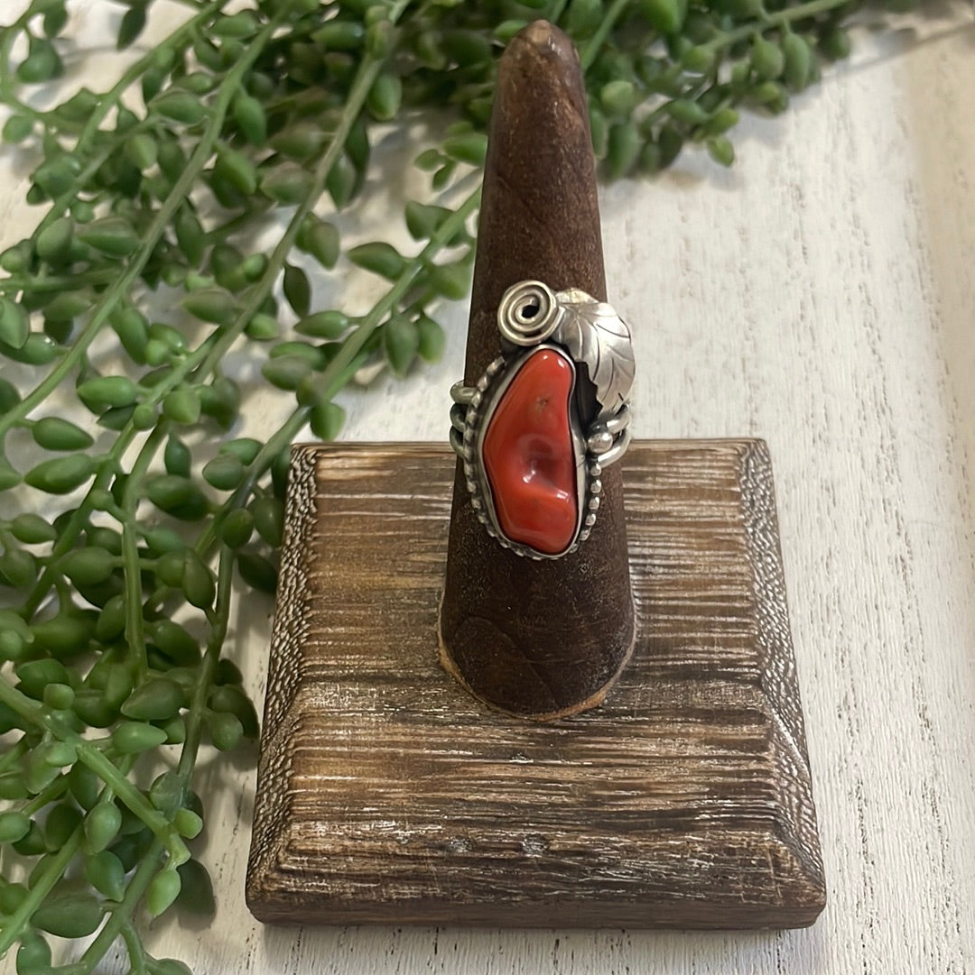 Coral & Sterling Silver Feather Ring Signed