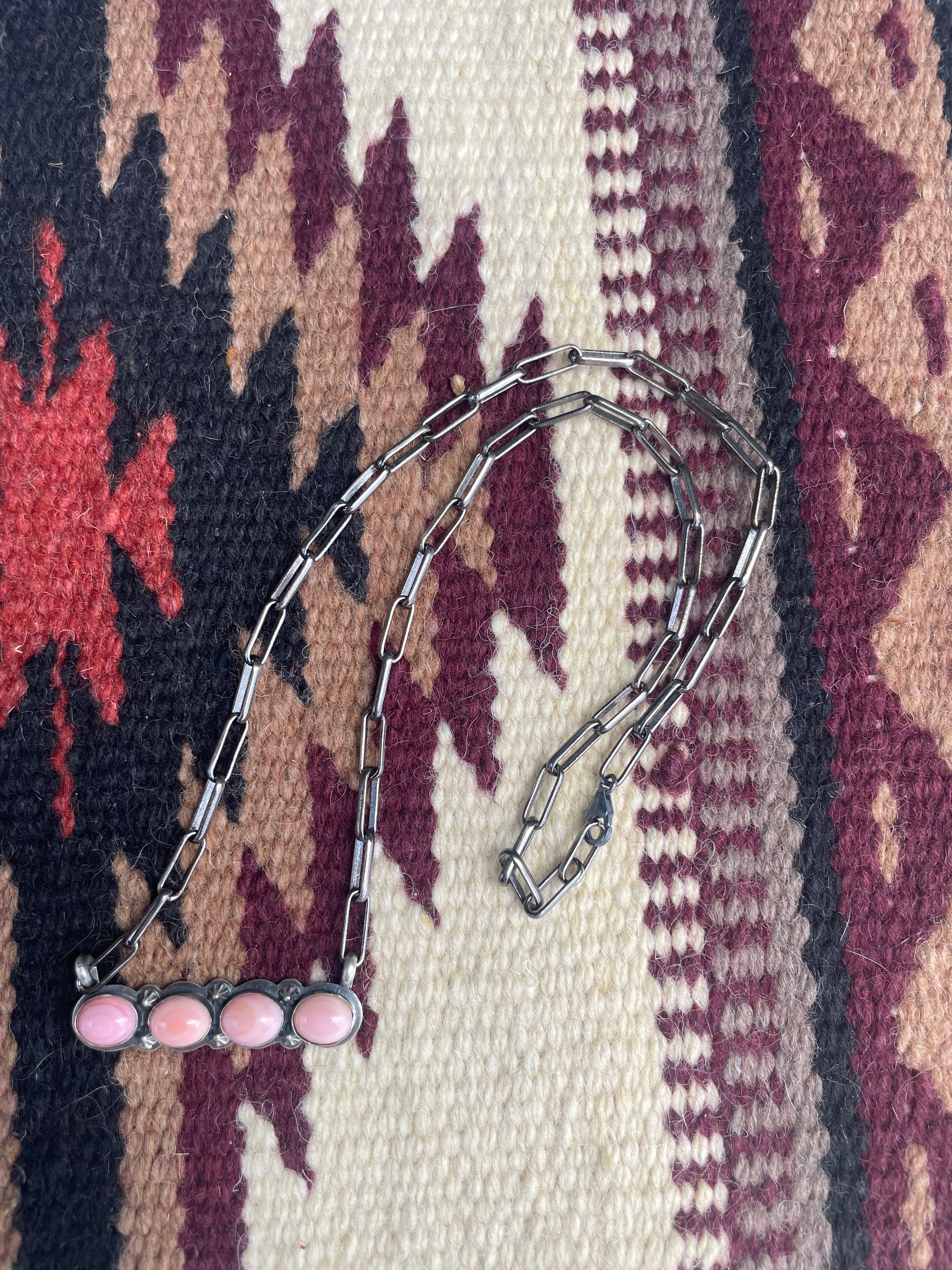 Handcrafted Queen Pink Conch Shell And Sterling Silver 4 Stone Bar Necklace Signed