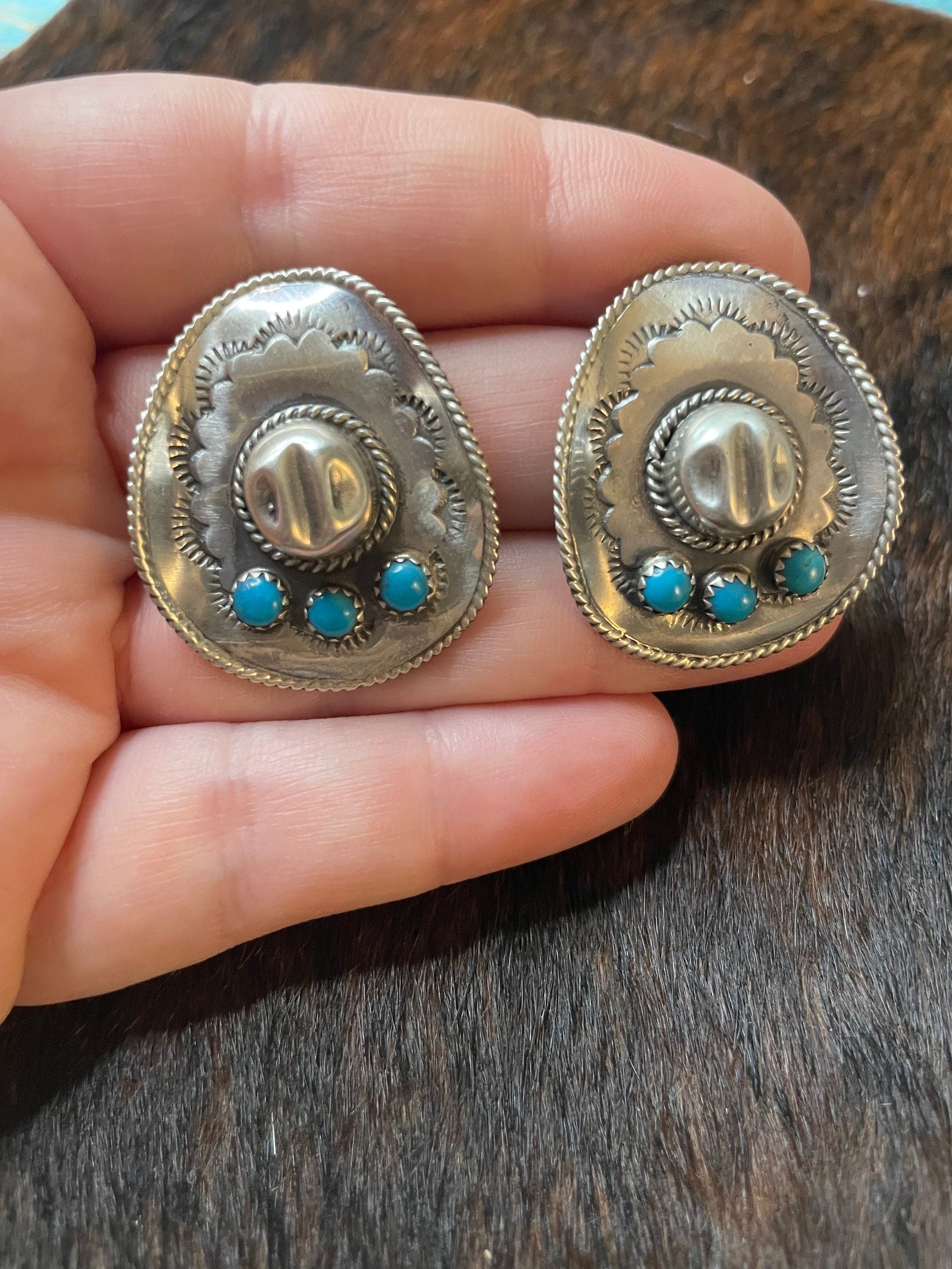 Handcrafted Cowboy Hat Sterling Silver & Turquoise Concho Post Earrings