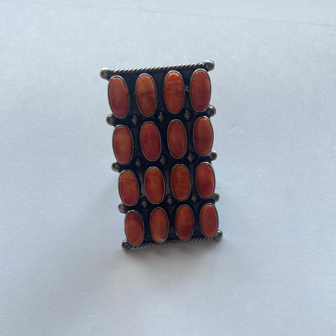 Navajo Sterling Silver & Orange Spiny Cluster Ring Size 8 Signed Jacquline Silver