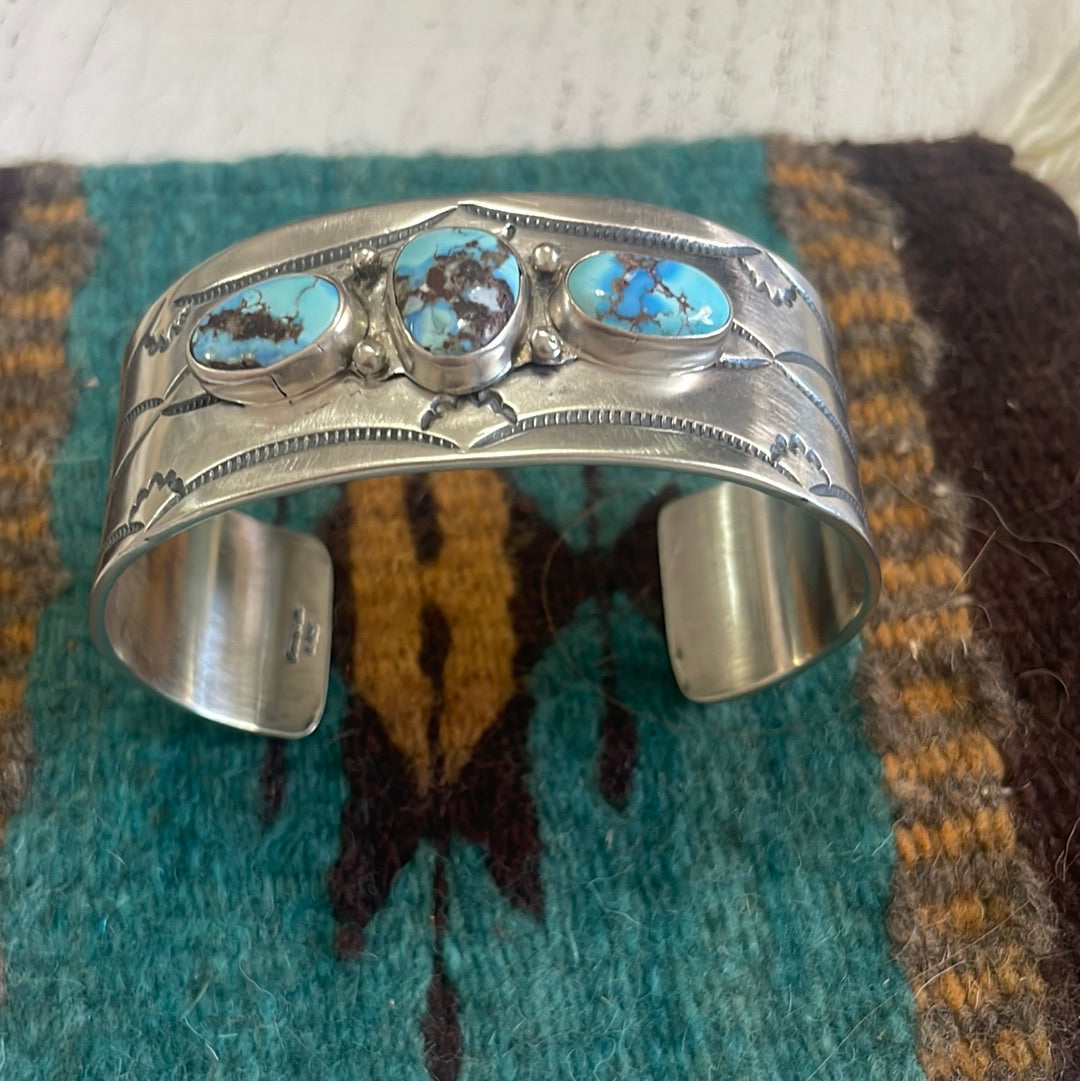 Handcrafted Golden Hills Turquoise & Sterling Silver Cuff Bracelet Signed /