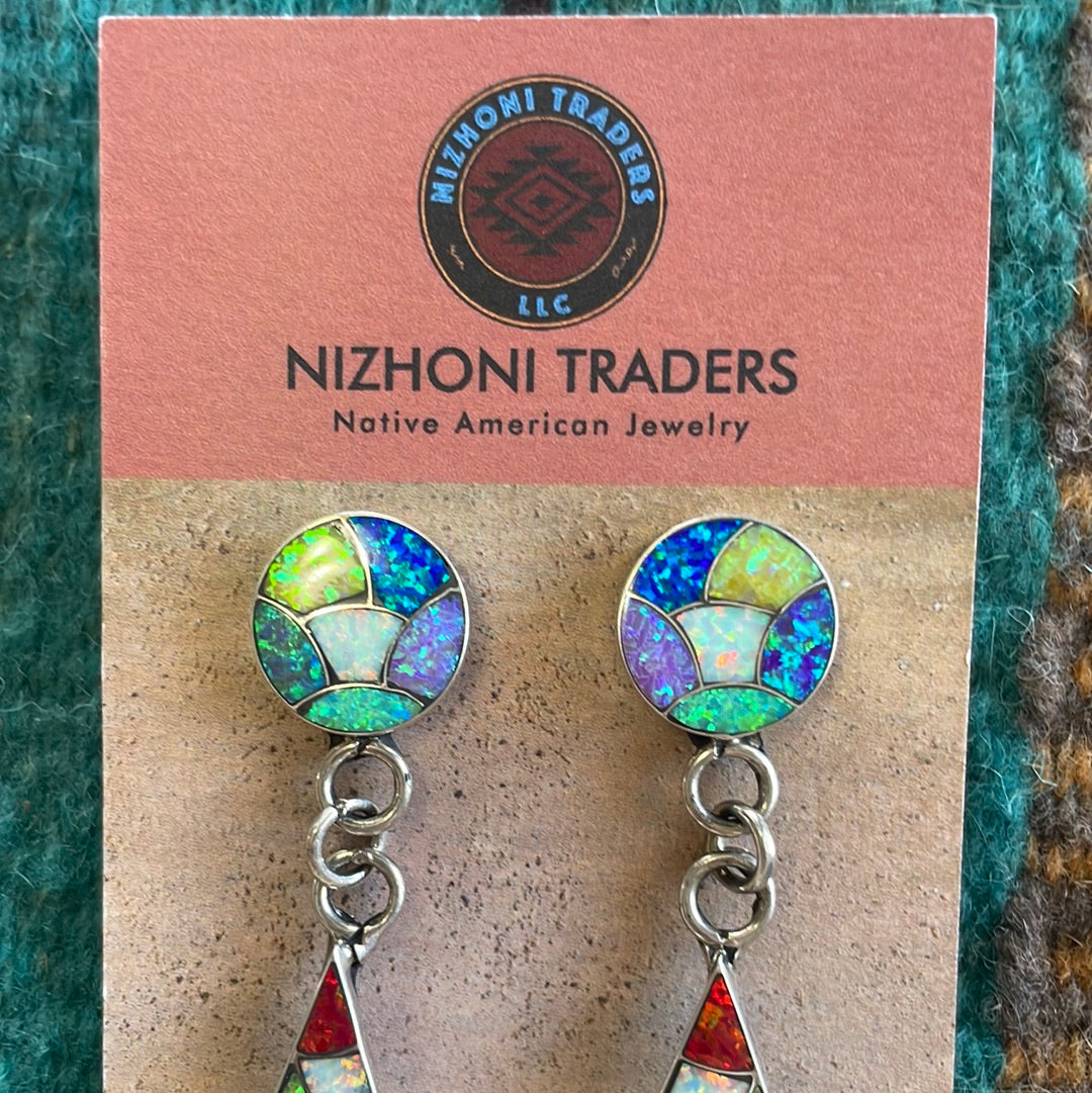 Zuni Multicolor Opal & Sterling Silver Inlay Dangle Earrings Signed