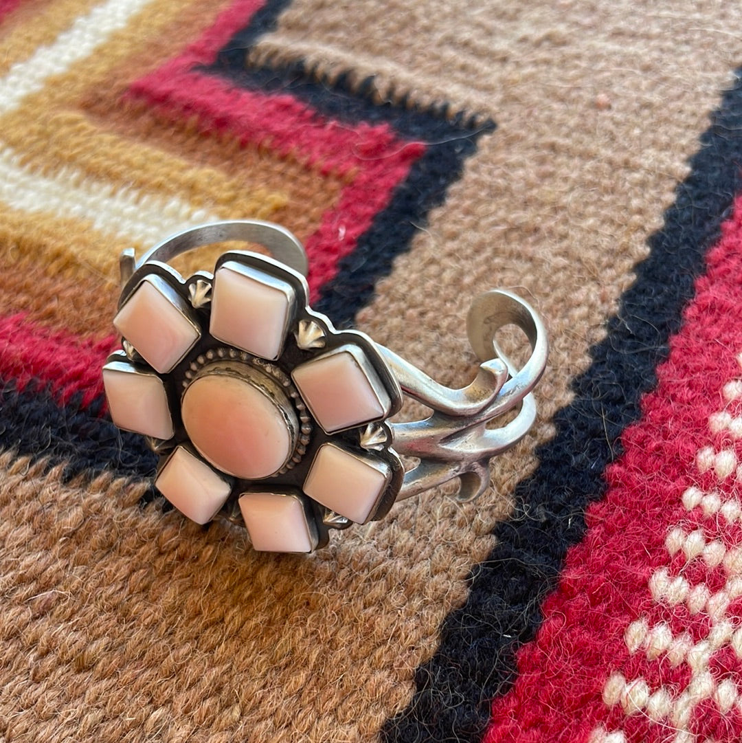 Handcrafted Queen Pink Conch Shell & Sterling Silver Cluster Cuff Bracelet Signed F.L Begay /
