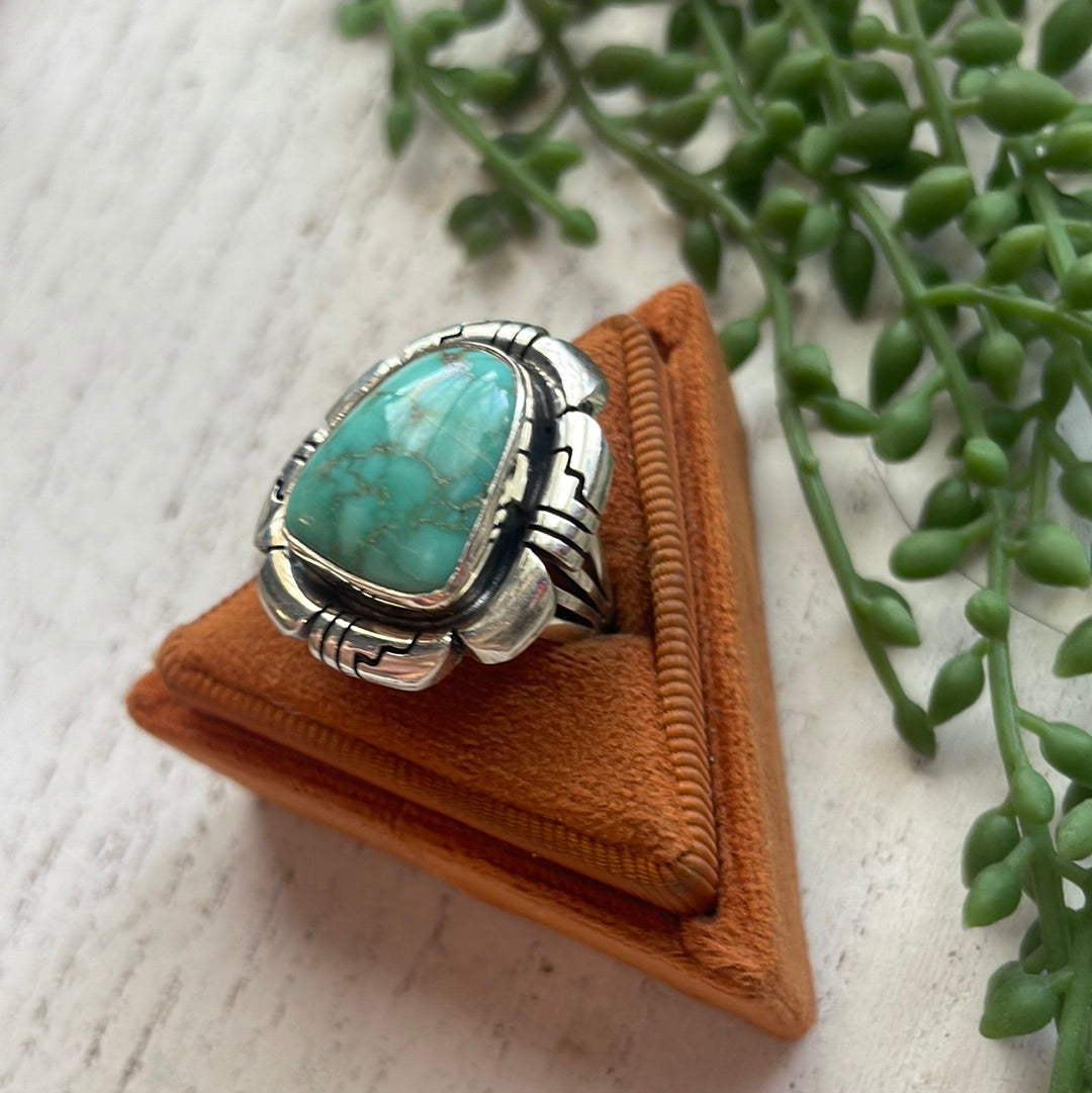 Handcrafted Large Single Stone Turquoise Sterling Silver Ring Signed