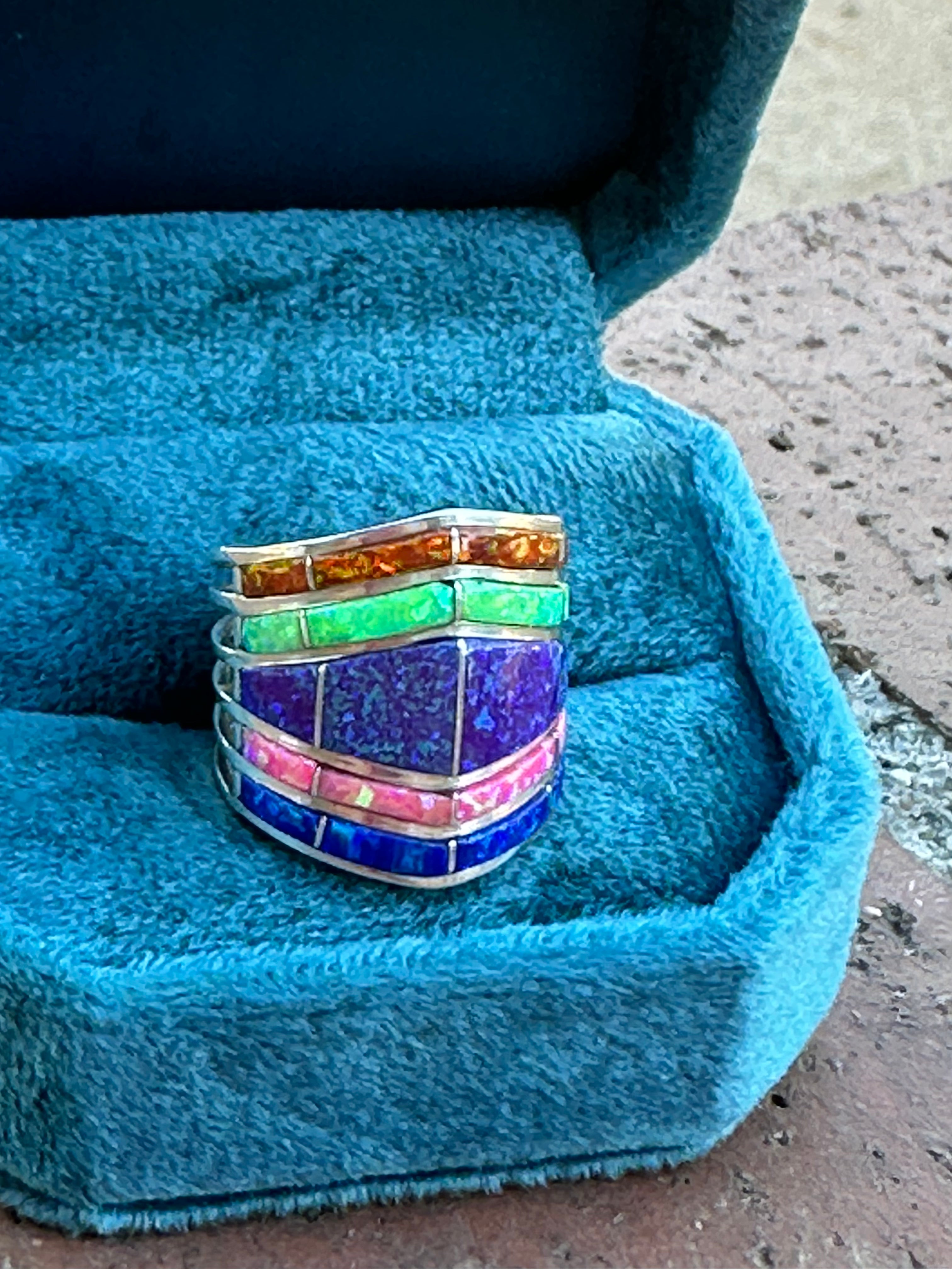 Zuni Sterling Silver Tri Color Opal Inlay Stacker Ring