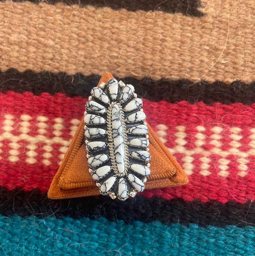 Handcrafted Sterling Silver & White Buffalo Cluster Ring Signed