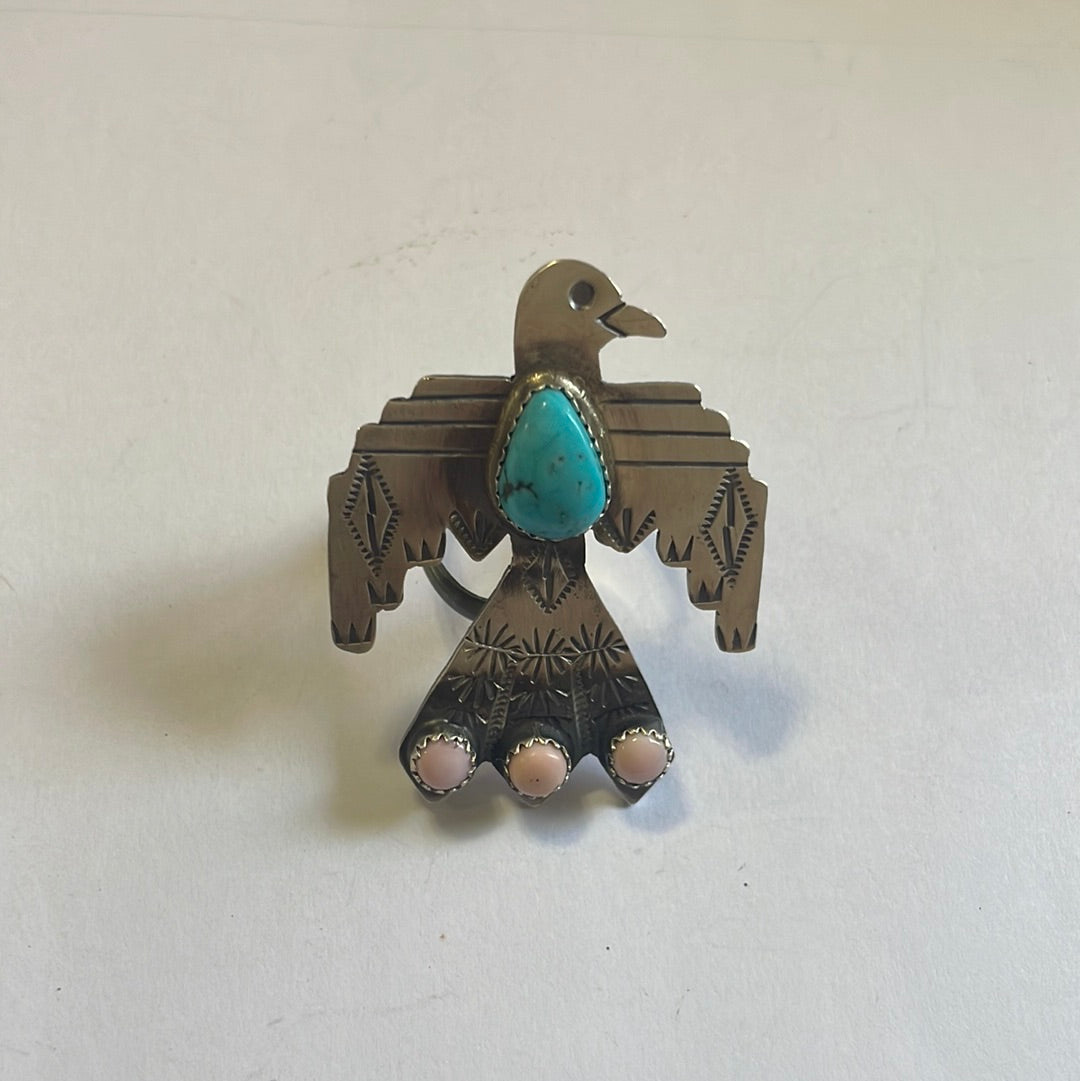 Handcrafted Thunderbird Sterling Silver, Pink Conch & Turquoise Adjustable Ring Signed