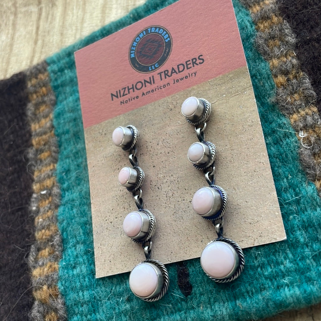 Handcrafted Sterling Silver Pink Conch Circle Dangle Earrings Signed