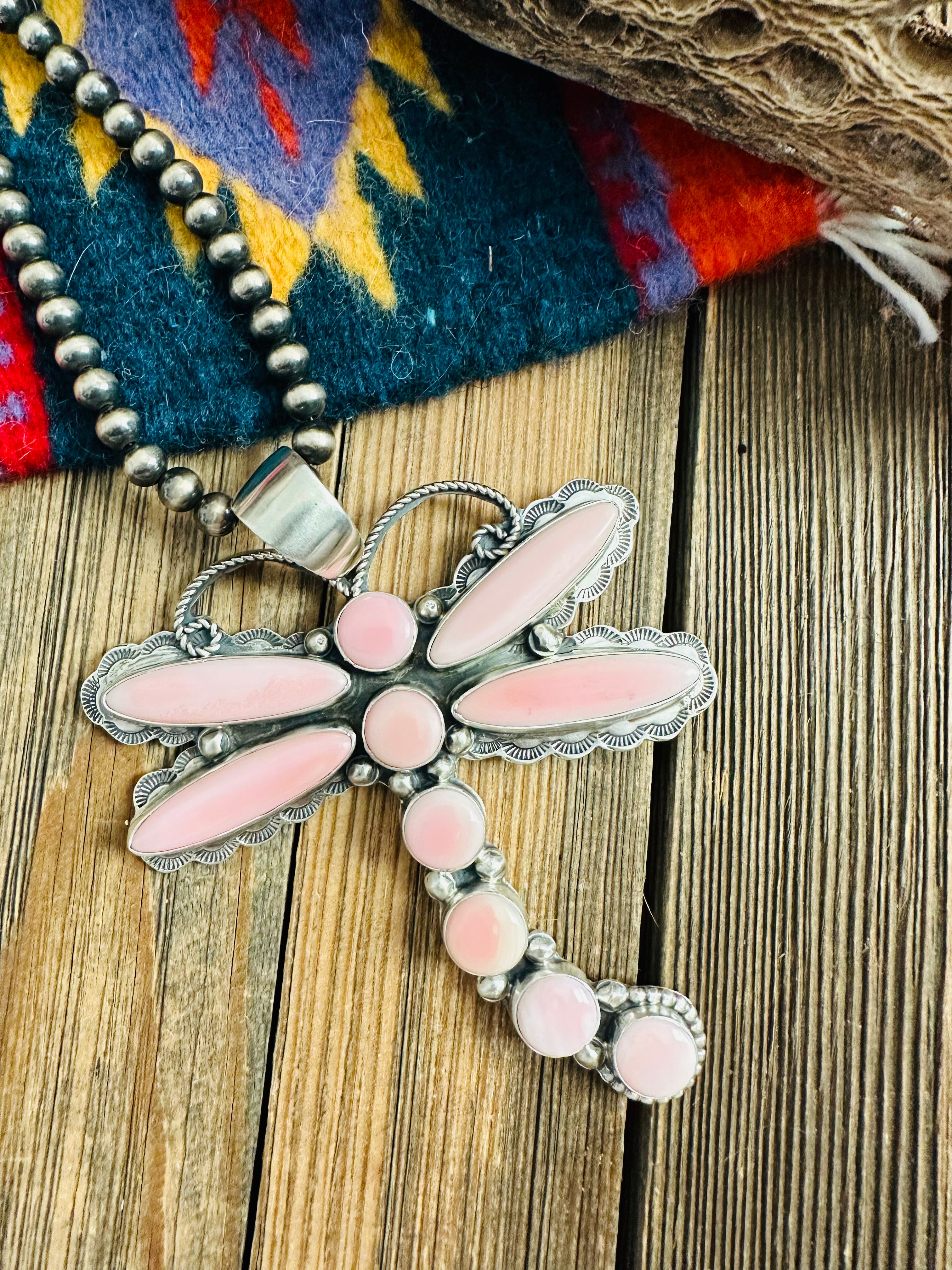 Navajo Queen Pink Conch & Sterling Silver Dragonfly Pendant By Tina Benally