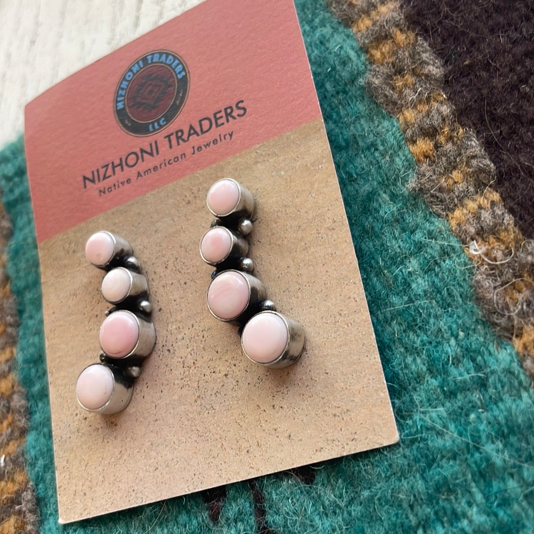 Handcrafted Pink Conch Dangle and Sterling Silver Earrings Signed