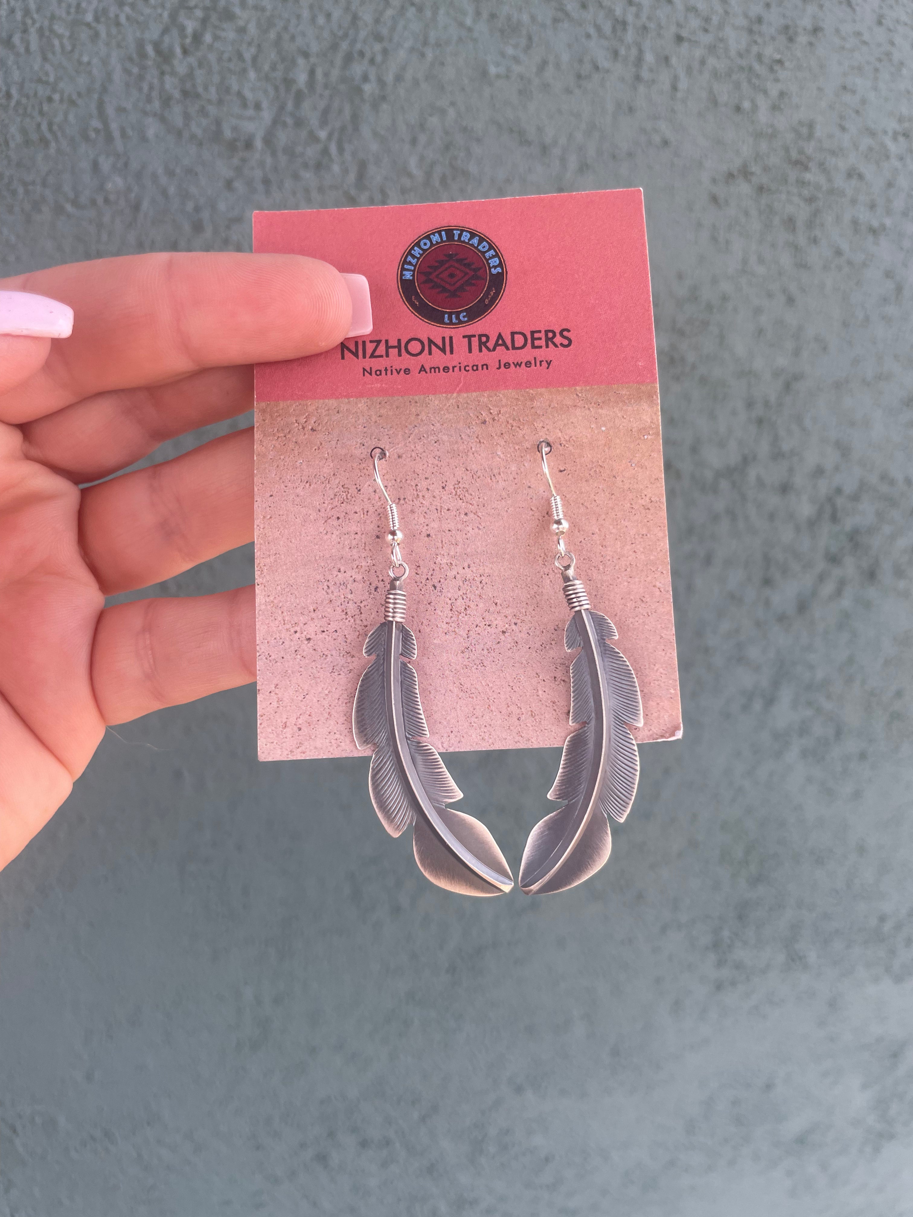 Handcrafted Sterling Silver Feather Dangle Earrings Signed Billy Long