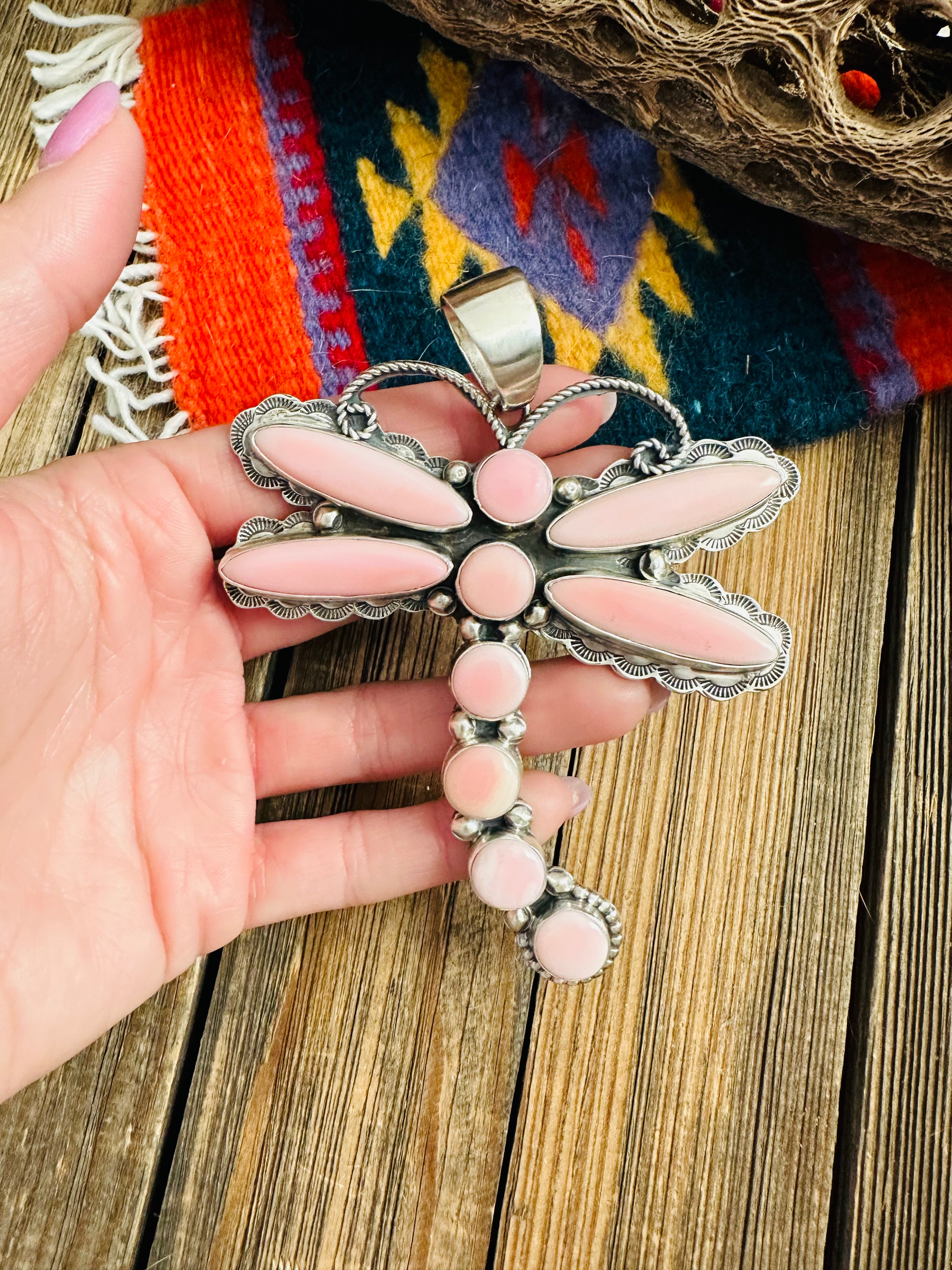 Navajo Queen Pink Conch & Sterling Silver Dragonfly Pendant By Tina Benally