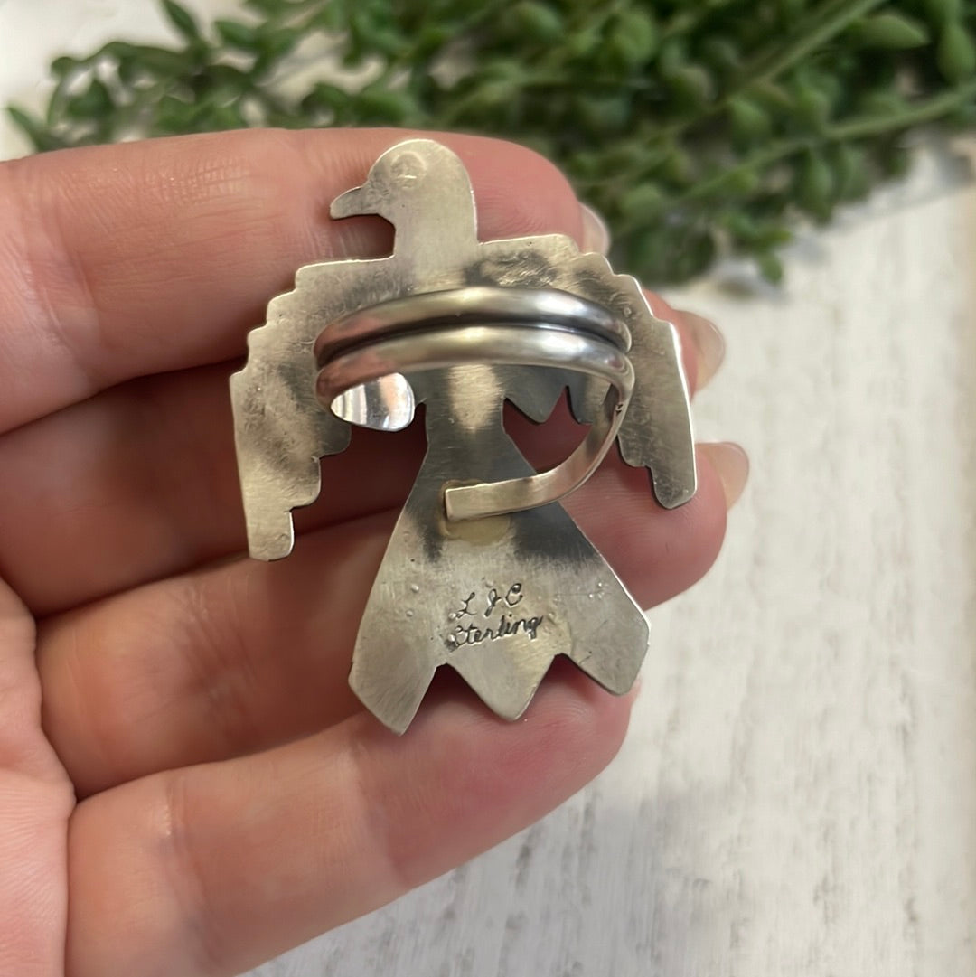 Handcrafted Thunderbird Sterling Silver, Pink Conch & Turquoise Adjustable Ring Signed