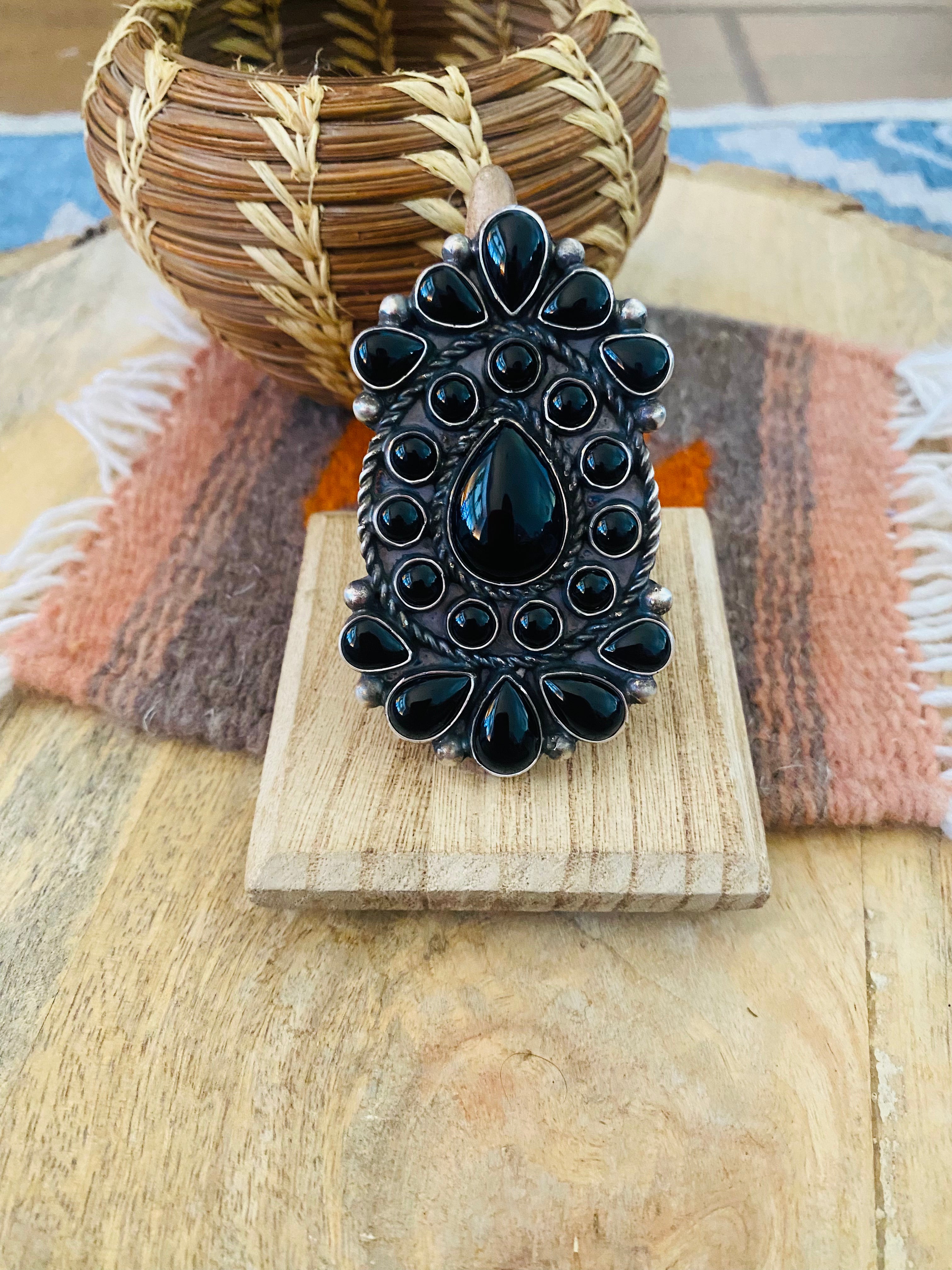 Handcrafted Sterling Silver & Black Onyx Cluster Ring Size 9