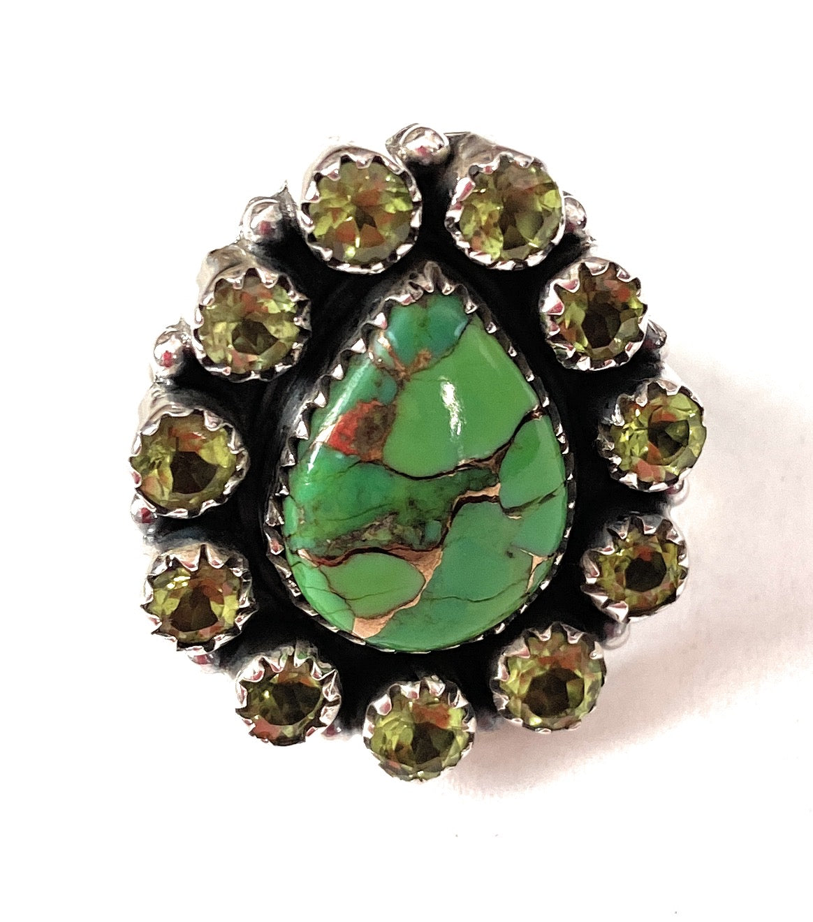 Handmade Sterling Silver, Green Mohave & Peridot Cluster Adjustable Ring