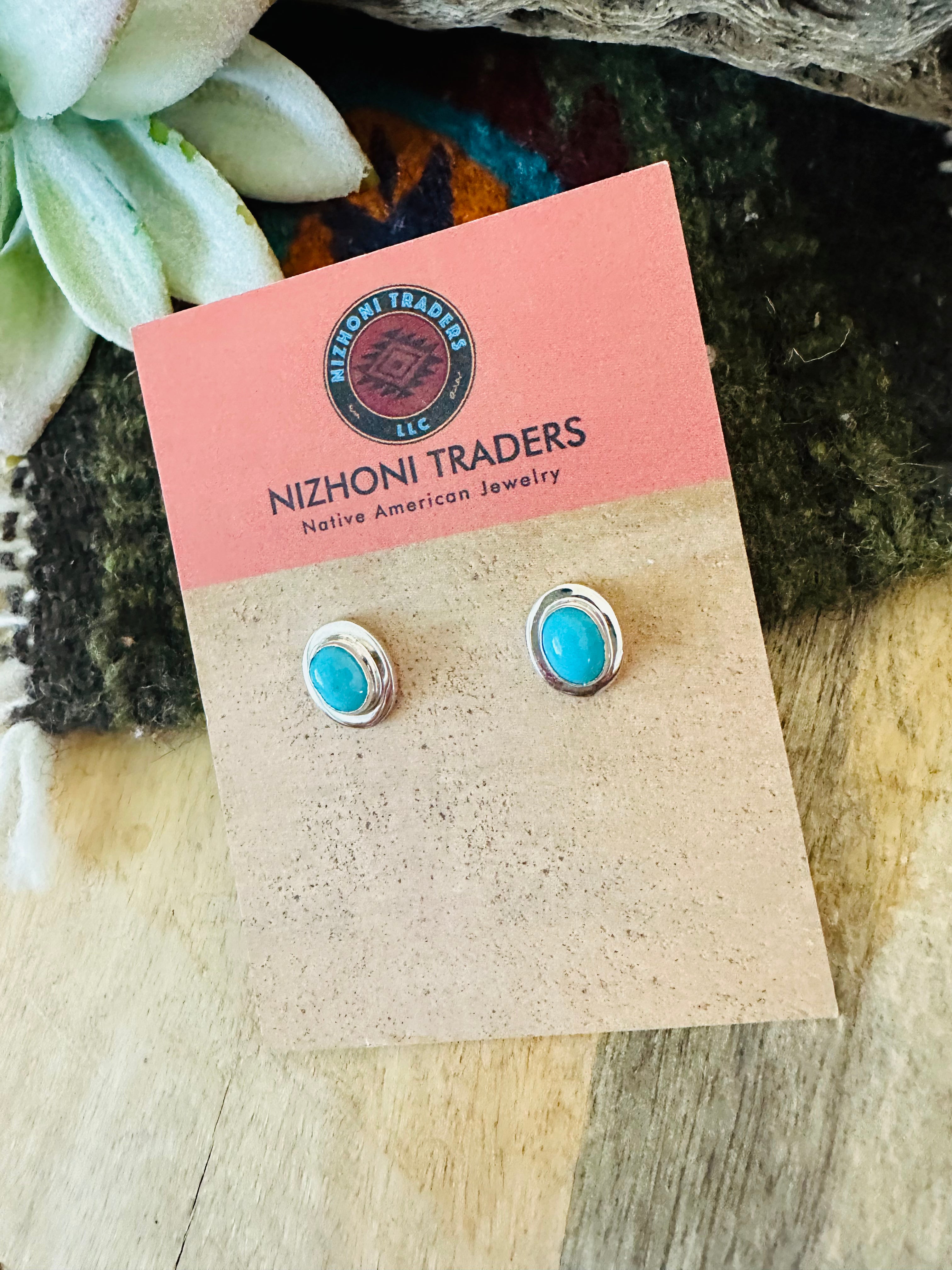 Handcrafted Turquoise & Sterling Silver Oval Stud Earrings