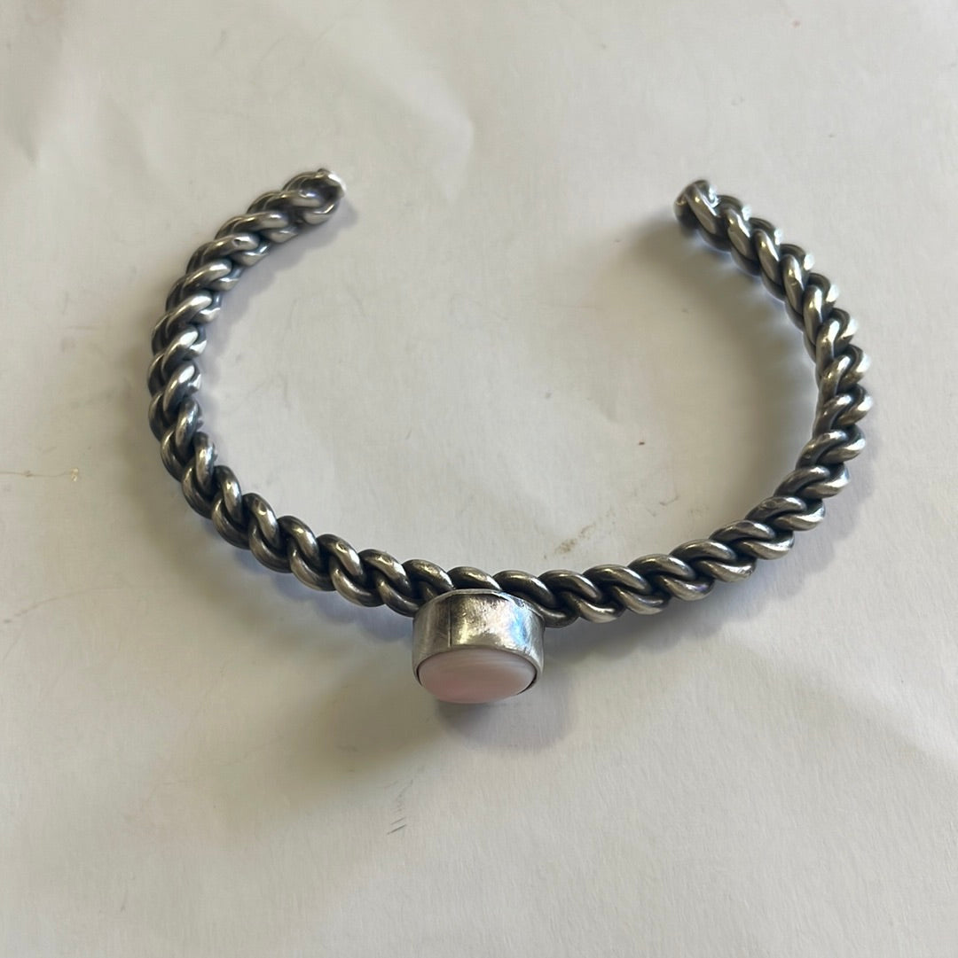 Handcrafted Circle Pink Conch & Sterling Silver Adjustable Cuff Bracelet