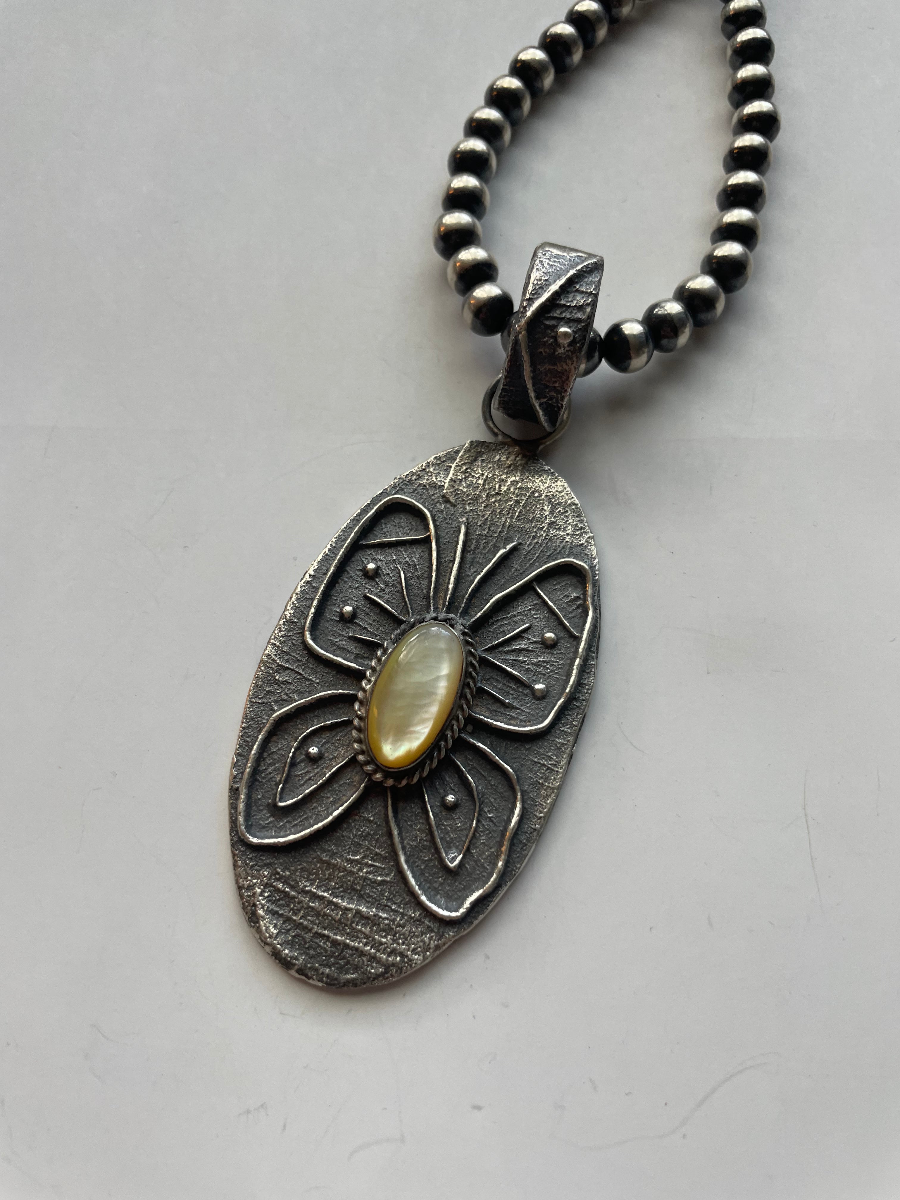 Handcrafted Mother of Pearl & Tufa Cast Butterfly Pendant Signed Wilson Davis