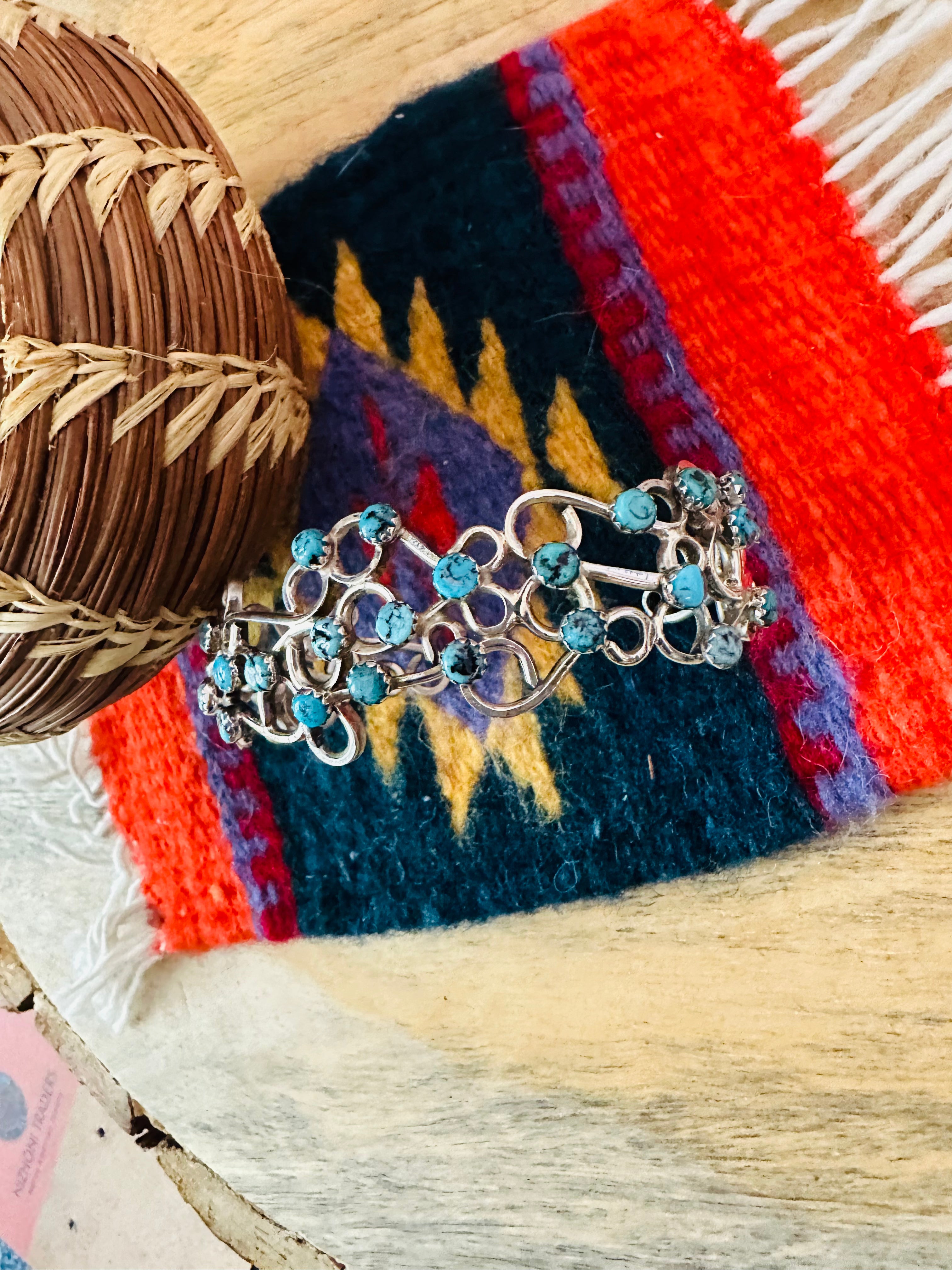 Handcrafted Turquoise & Sterling Silver Cuff Bracelet Signed /