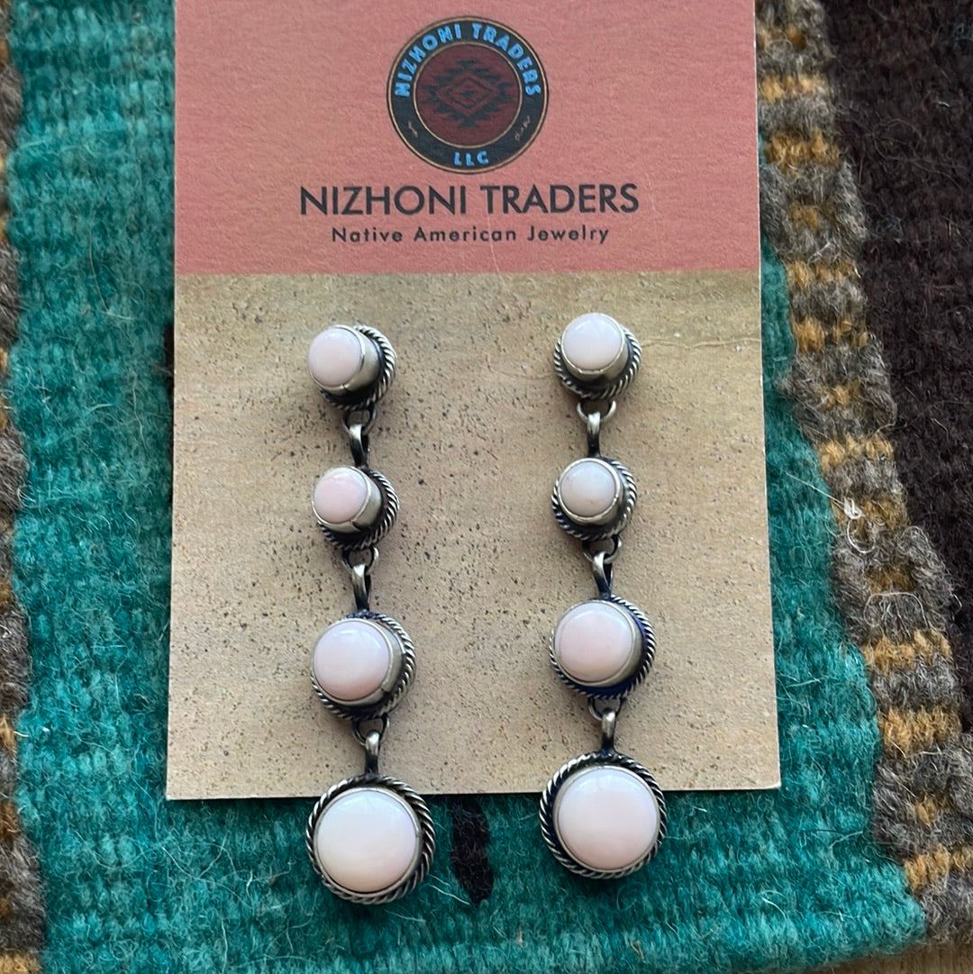 Handcrafted Sterling Silver Pink Conch Circle Dangle Earrings Signed