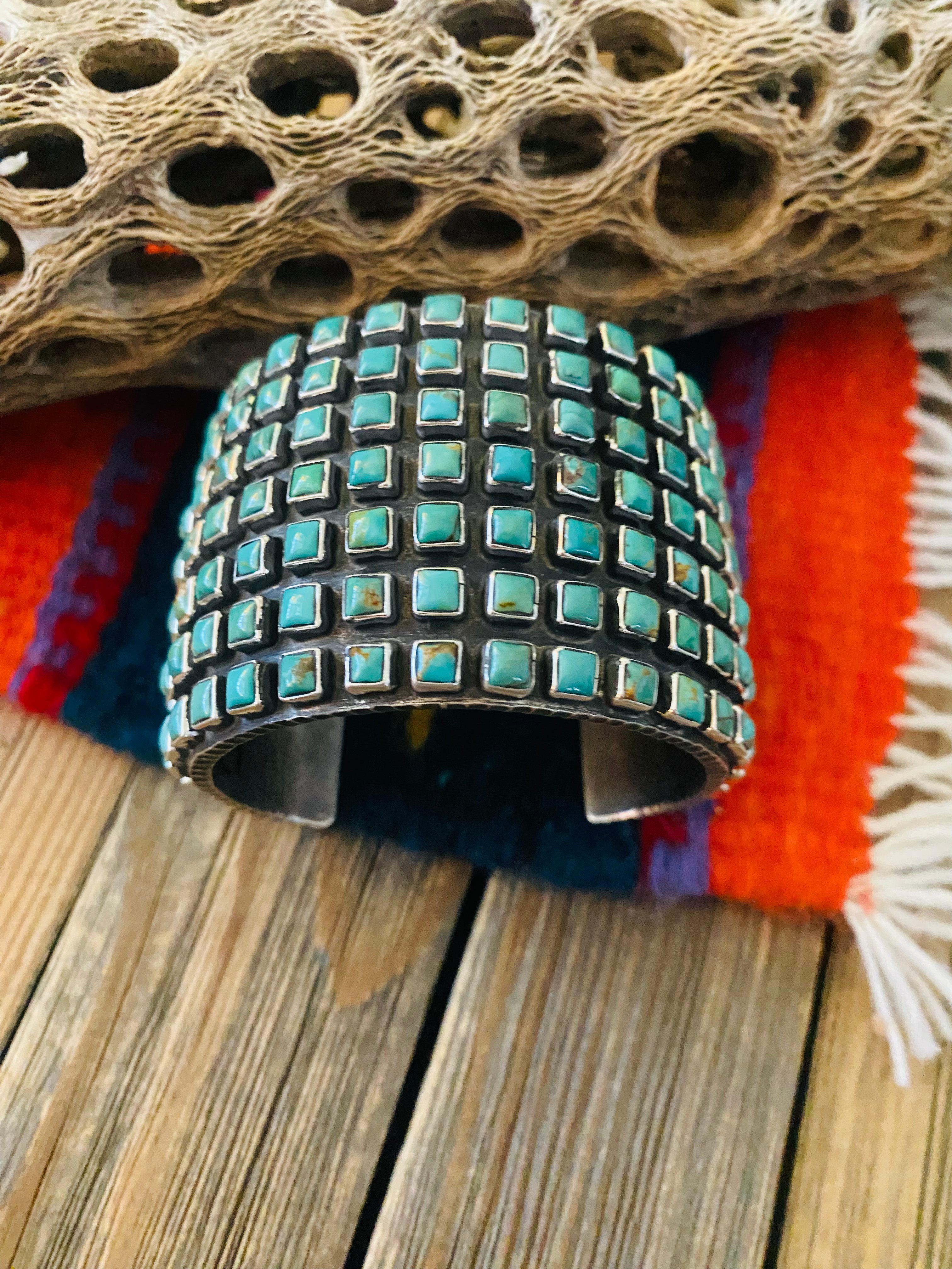 Handcrafted Kingman Turquoise And Sterling Silver Cluster Cuff Bracelet By Ernest Rangel /