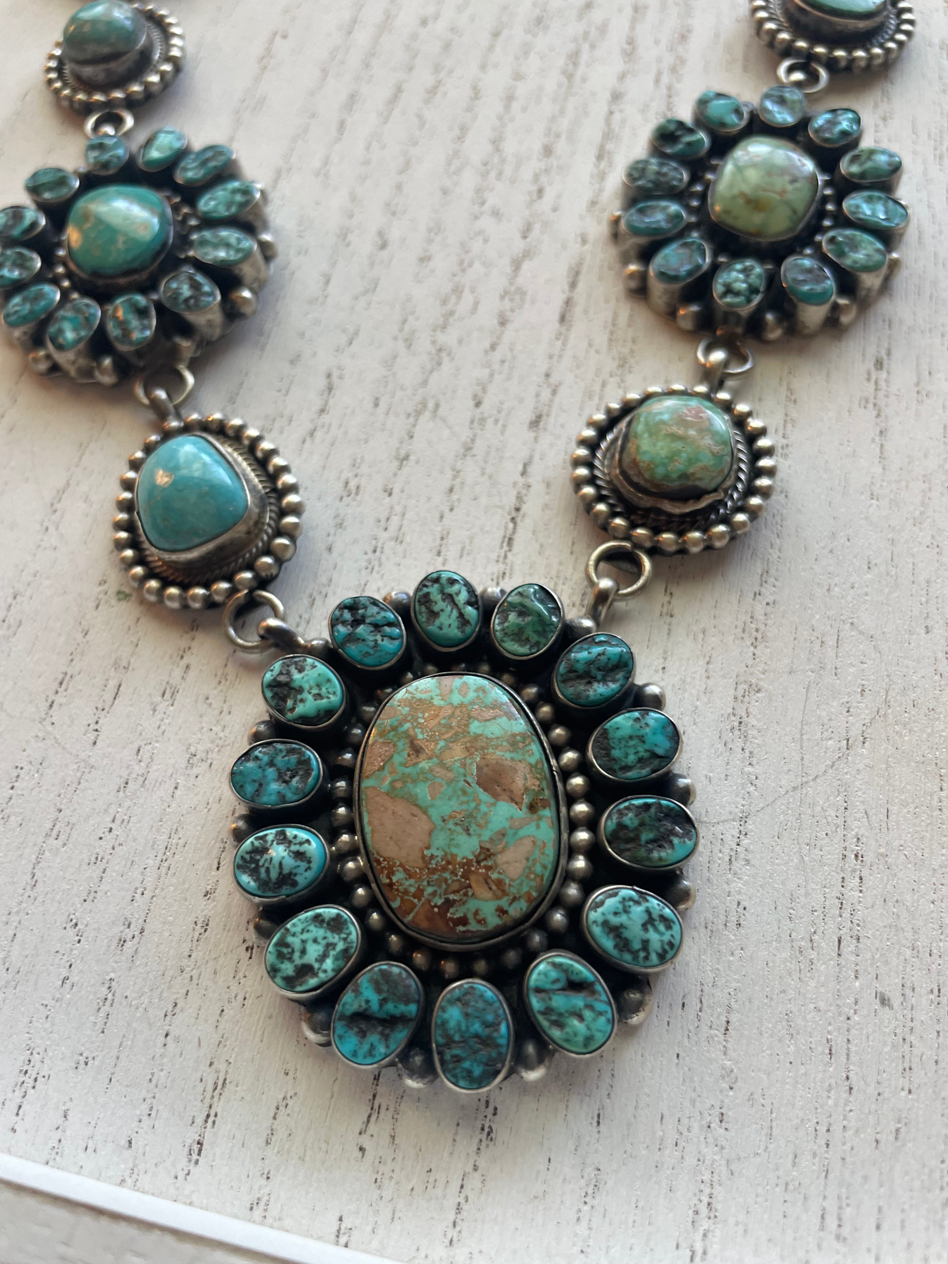 B Yellowhorse Navajo Sterling Silver Turquoise Necklace & Earring Set Signed